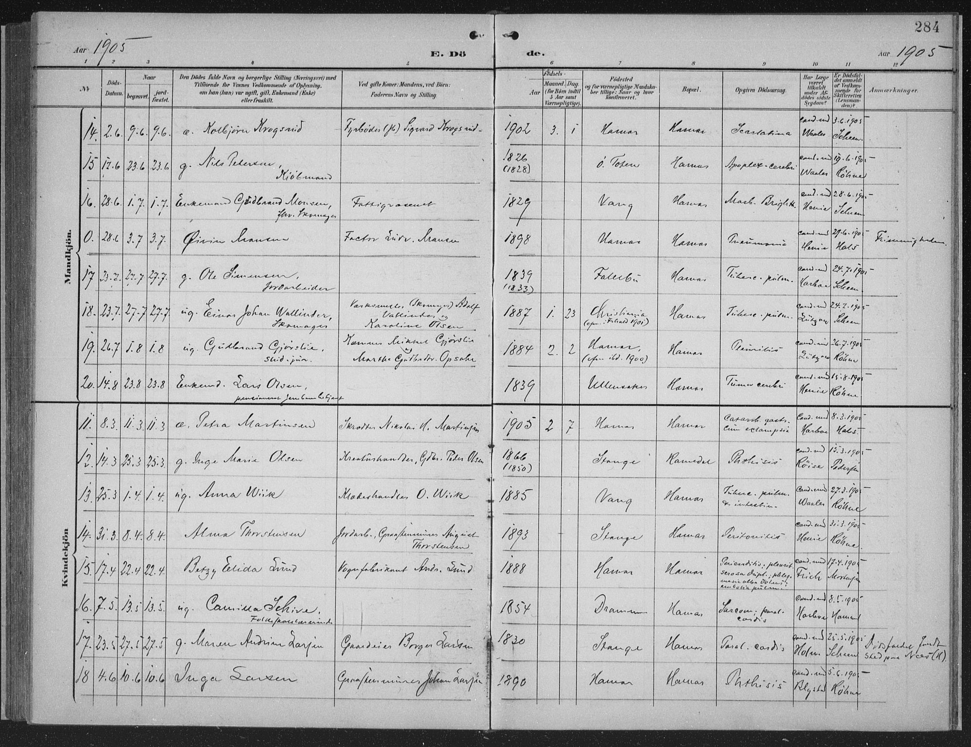 Hamar prestekontor, AV/SAH-DOMPH-002/H/Ha/Haa/L0001: Parish register (official) no. 1, 1900-1914, p. 284