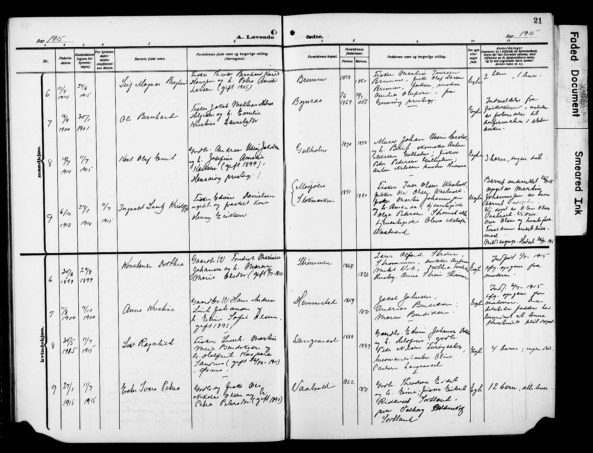 Kvæfjord sokneprestkontor, AV/SATØ-S-1323/G/Ga/Gab/L0006klokker: Parish register (copy) no. 6, 1912-1931, p. 21