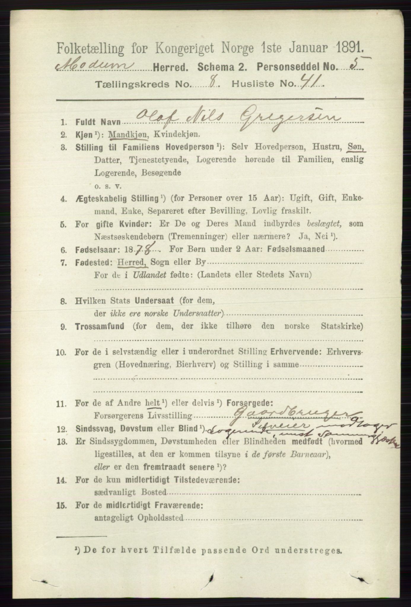 RA, 1891 census for 0623 Modum, 1891, p. 3103