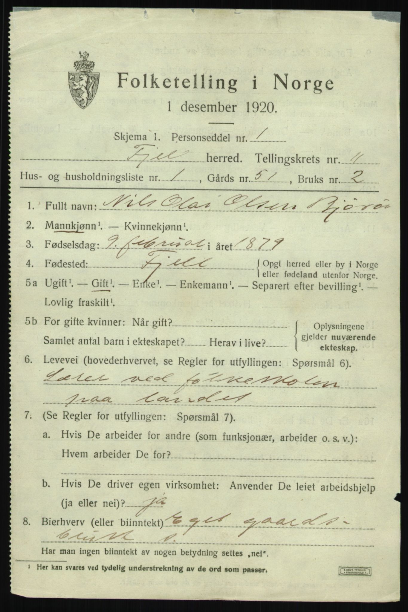 SAB, 1920 census for Fjell, 1920, p. 9836