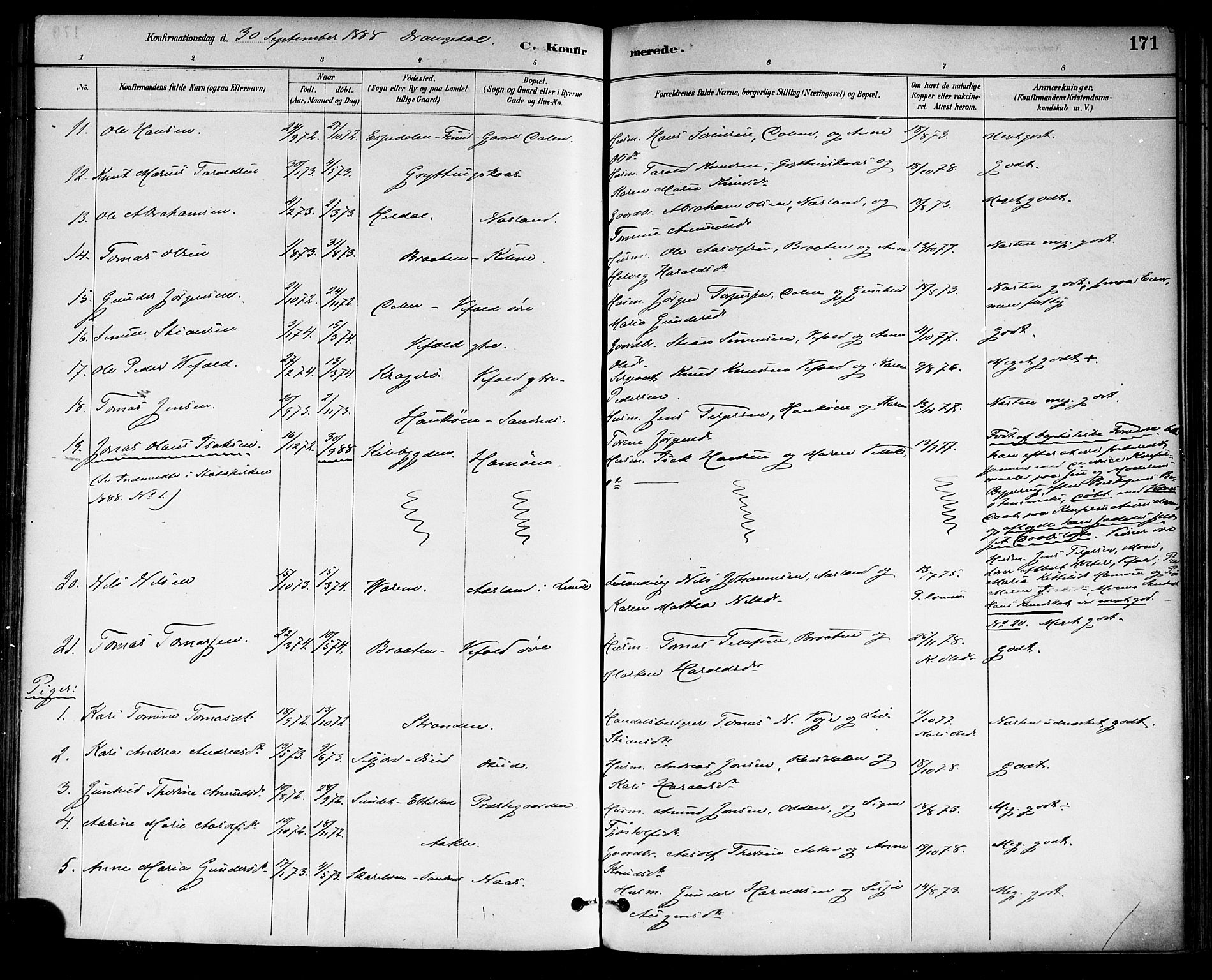 Drangedal kirkebøker, SAKO/A-258/F/Fa/L0010: Parish register (official) no. 10 /1, 1885-1894, p. 171