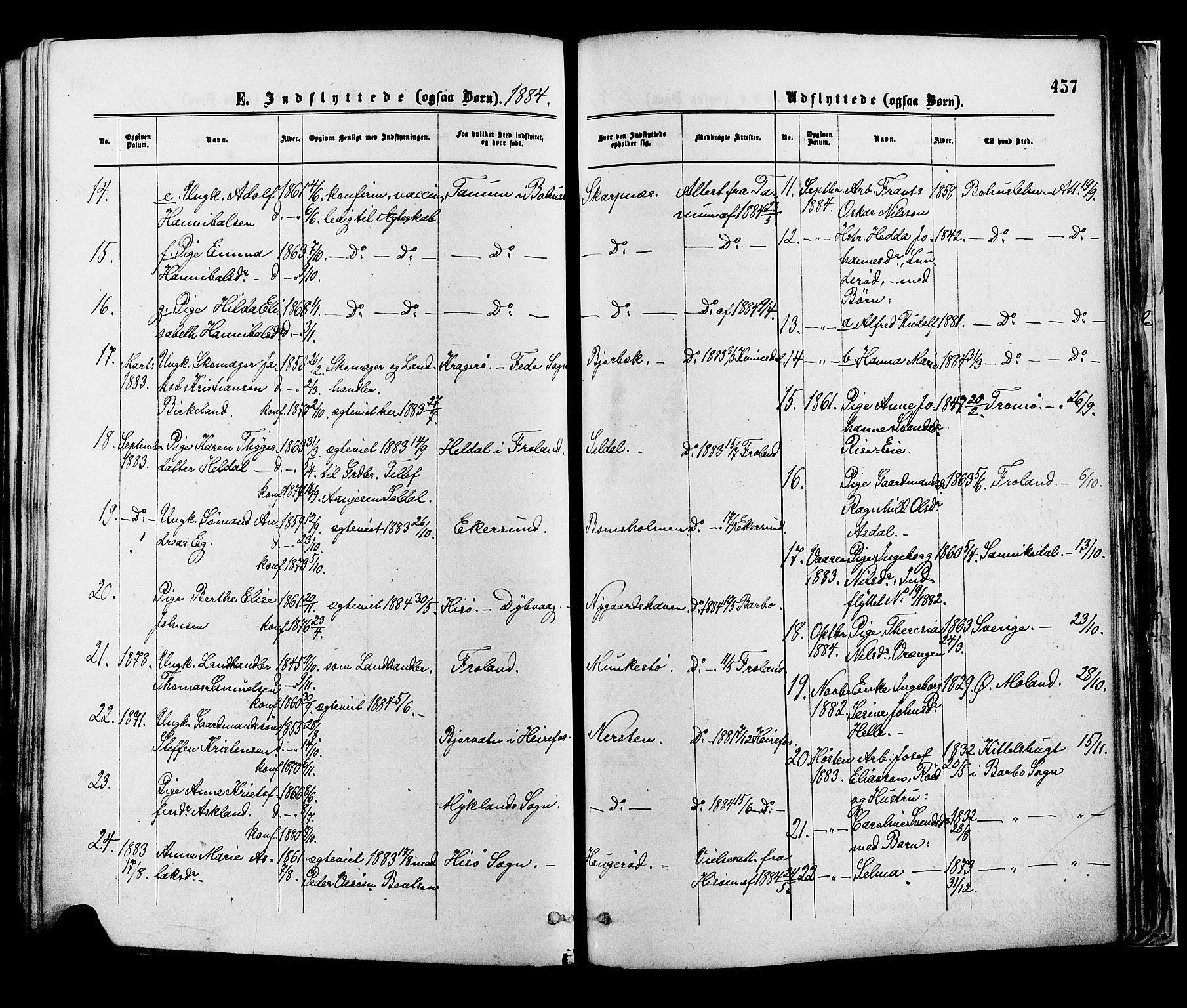 Øyestad sokneprestkontor, SAK/1111-0049/F/Fa/L0016: Parish register (official) no. A 16, 1874-1886, p. 457