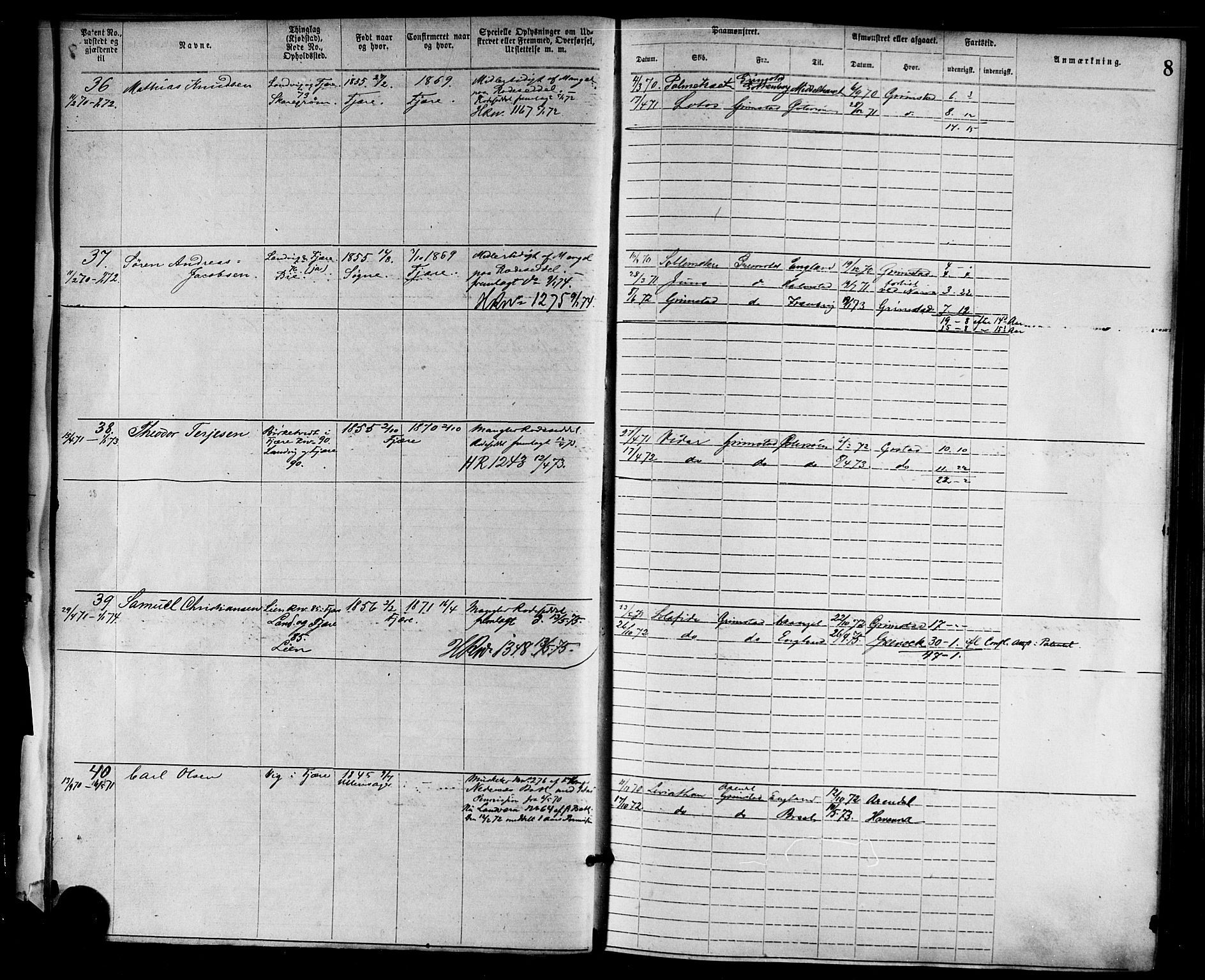 Grimstad mønstringskrets, AV/SAK-2031-0013/F/Fa/L0001: Annotasjonsrulle nr 1-1920 med register, F-1, 1870-1892, p. 29