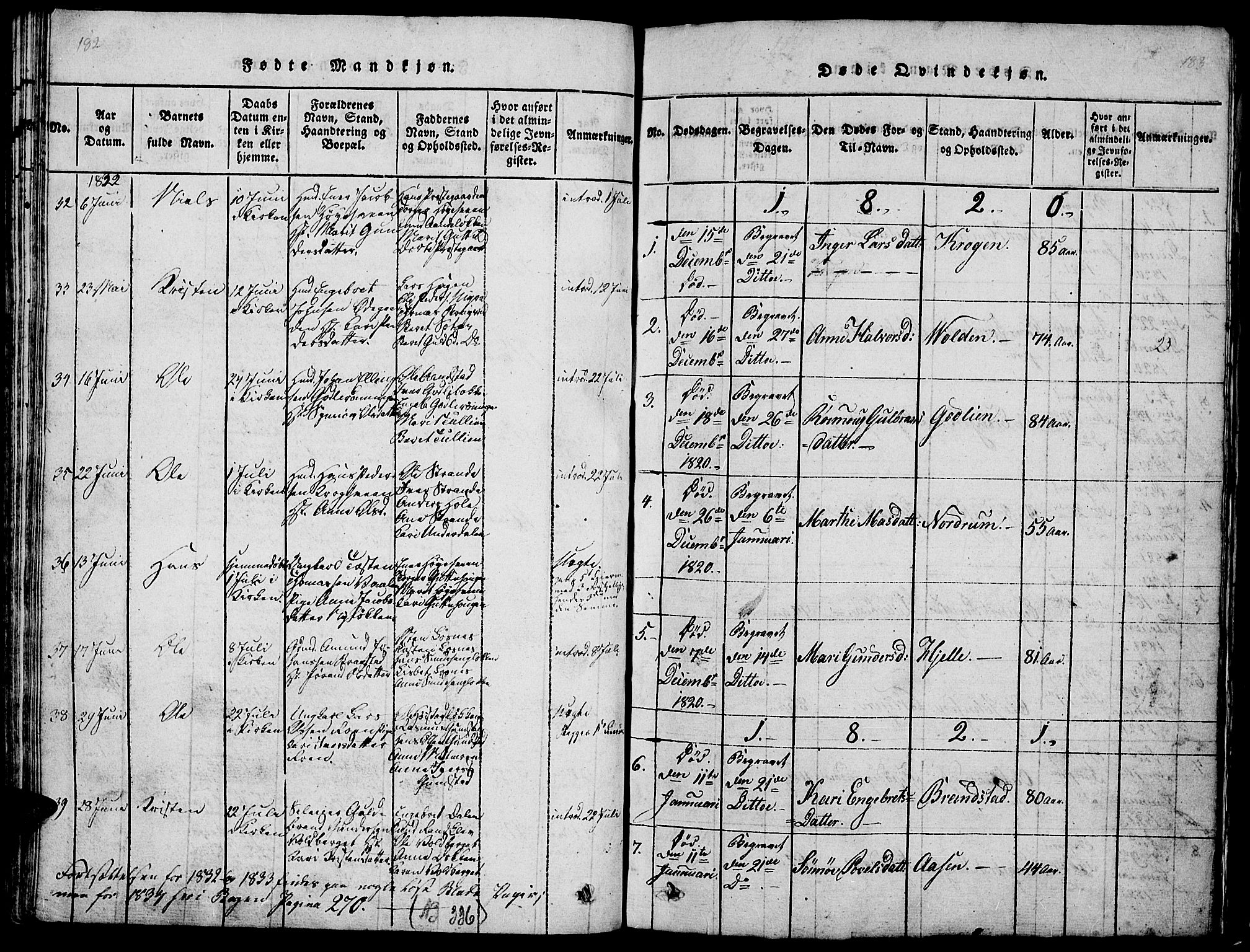 Ringebu prestekontor, SAH/PREST-082/H/Ha/Hab/L0001: Parish register (copy) no. 1, 1821-1839, p. 182-183