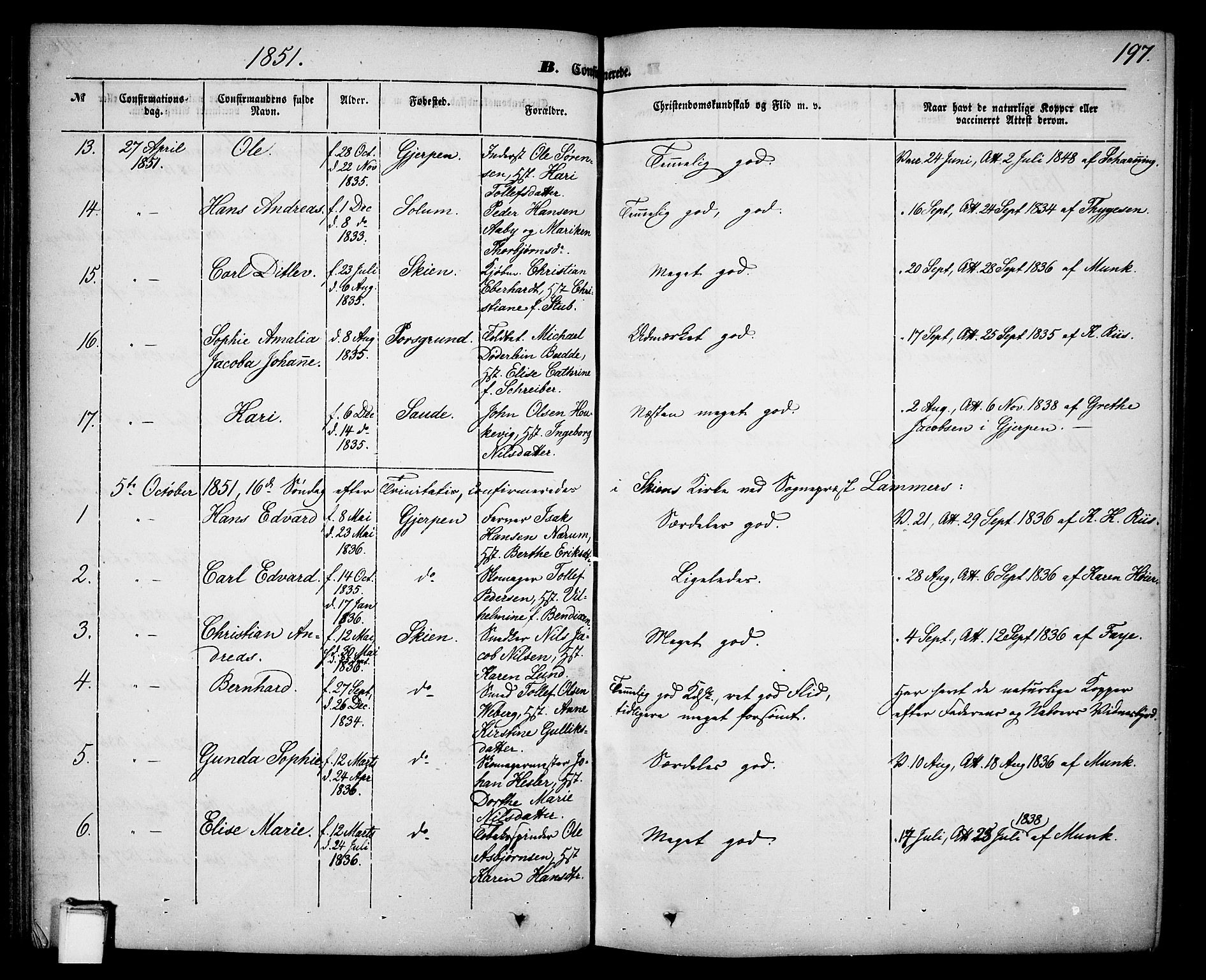 Skien kirkebøker, SAKO/A-302/G/Ga/L0004: Parish register (copy) no. 4, 1843-1867, p. 197