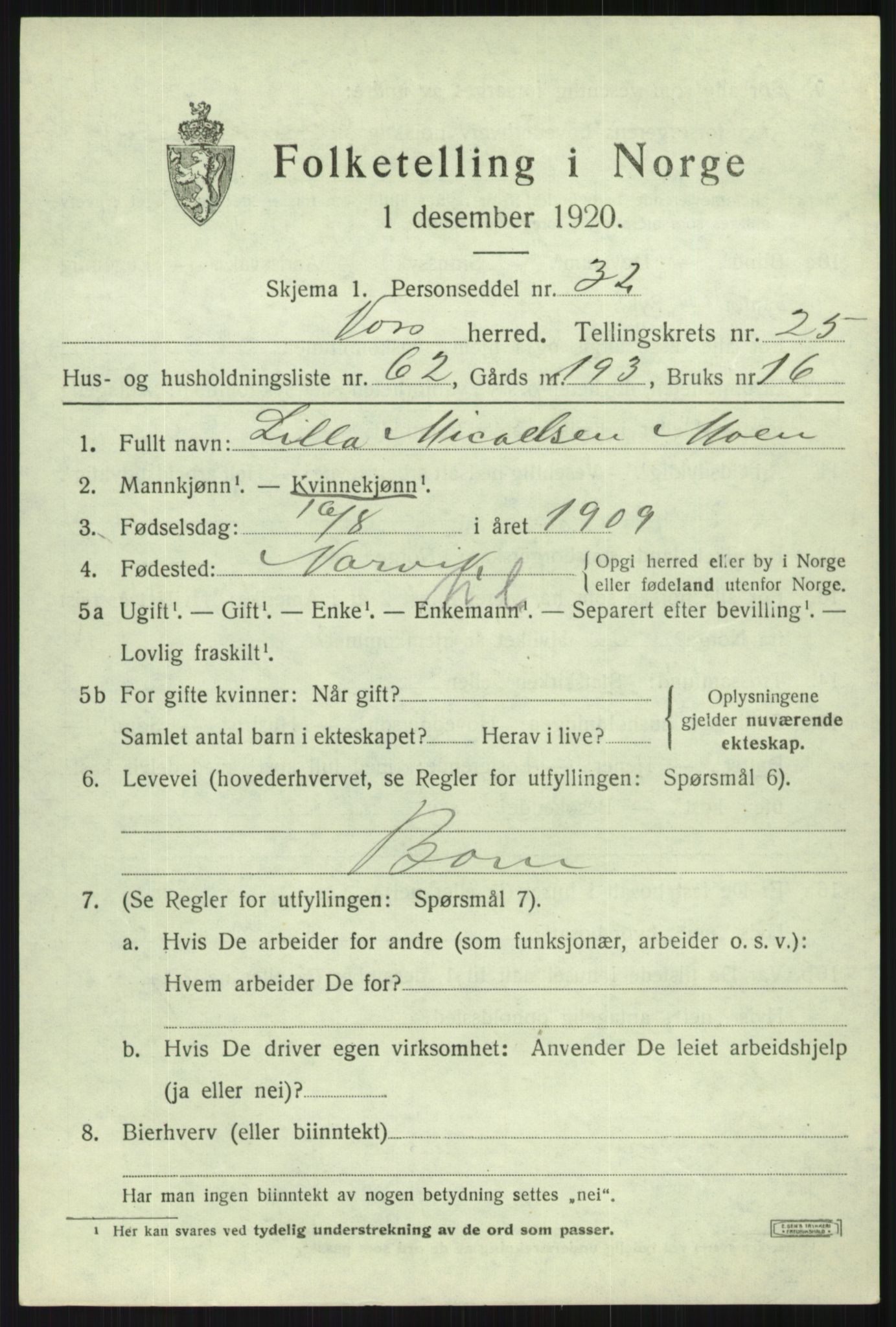 SAB, 1920 census for Voss, 1920, p. 17725