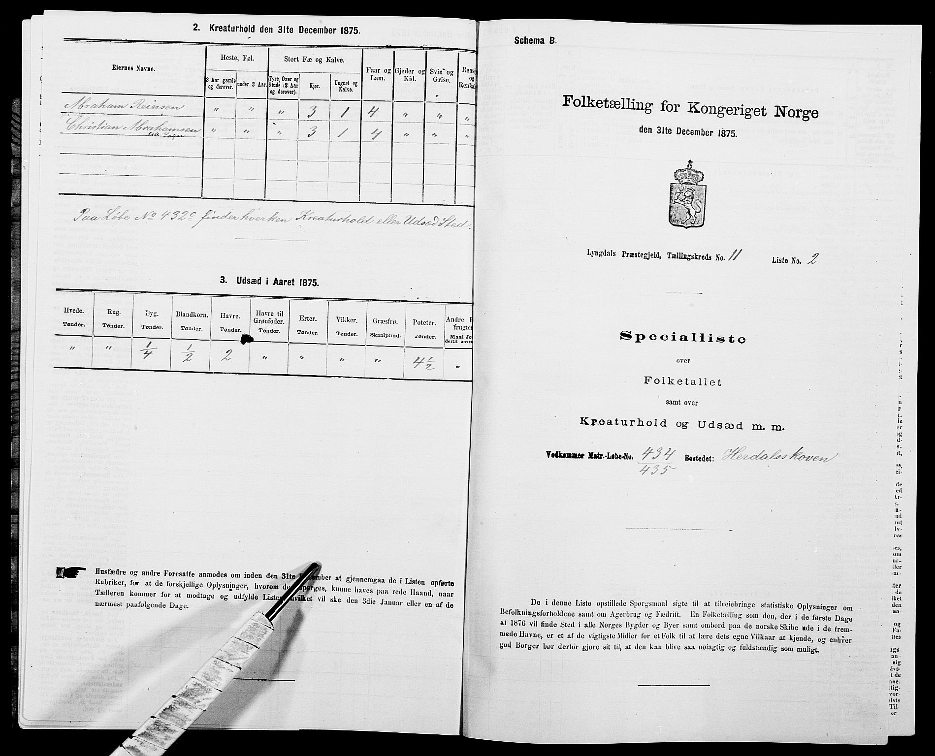 SAK, 1875 census for 1032P Lyngdal, 1875, p. 1705