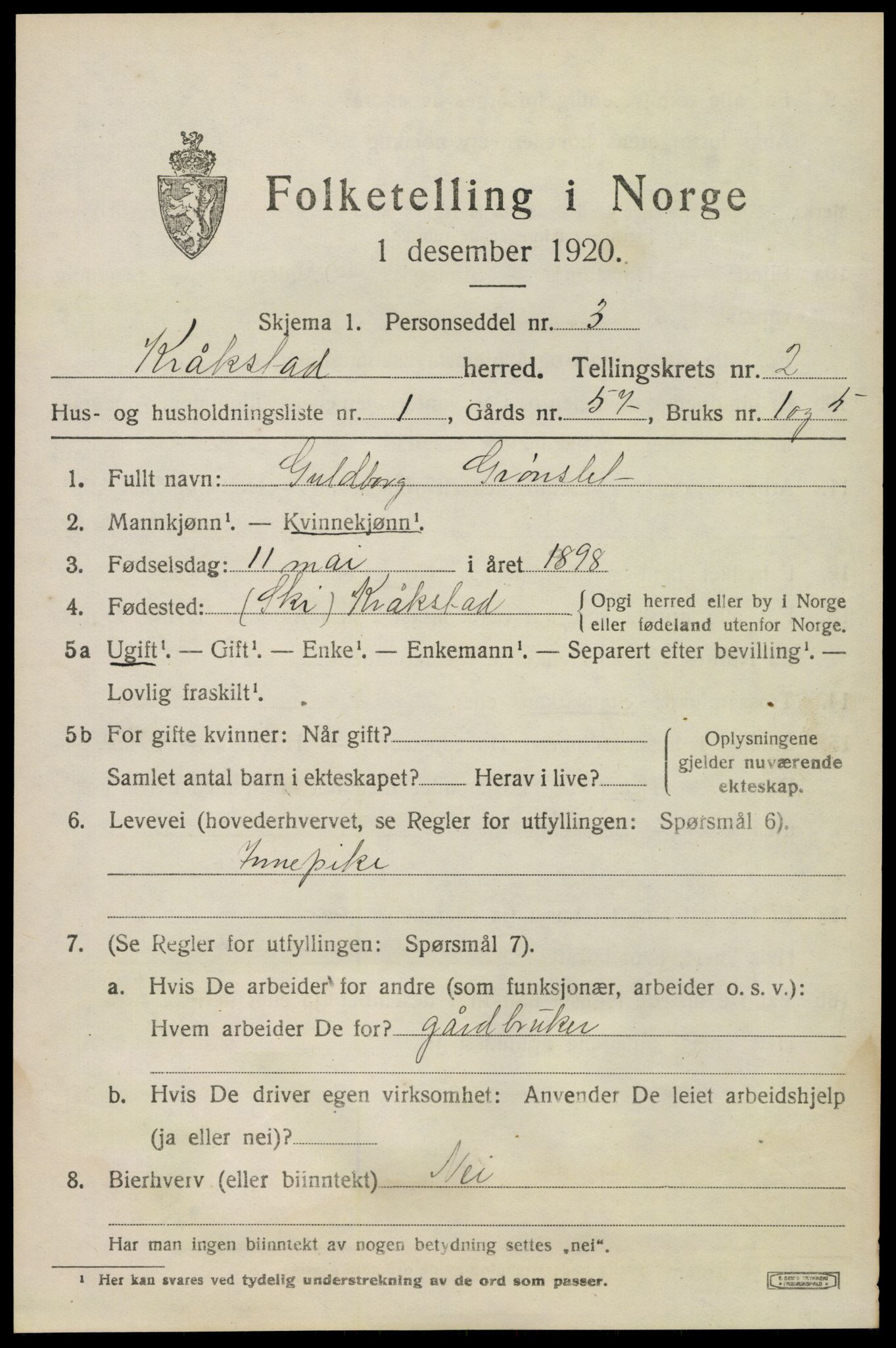 SAO, 1920 census for Kråkstad, 1920, p. 2711