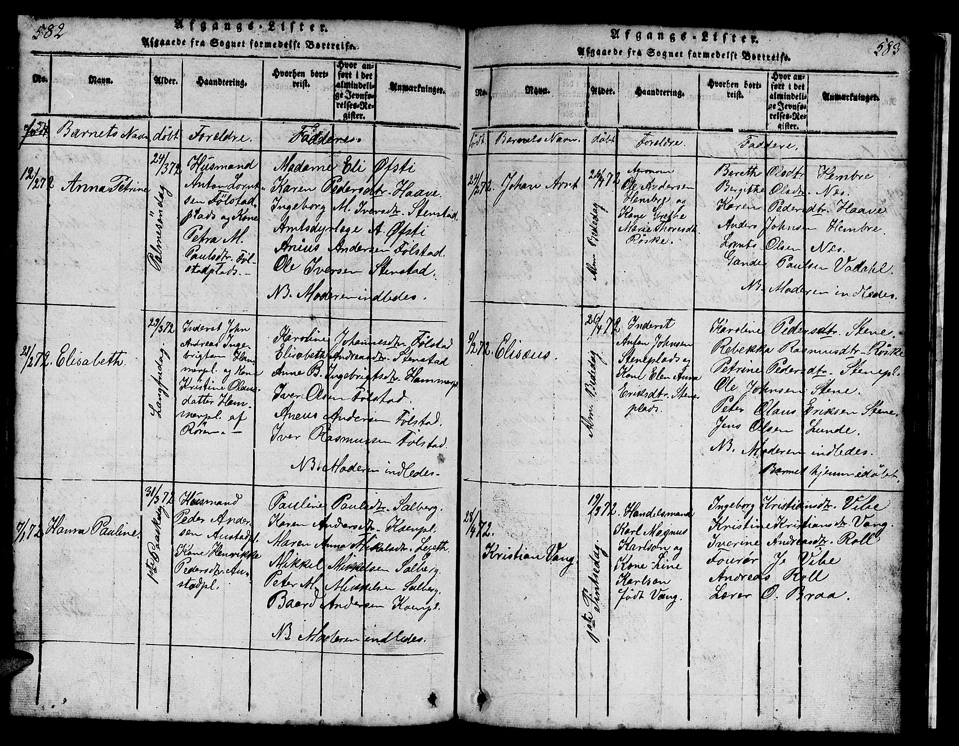 Ministerialprotokoller, klokkerbøker og fødselsregistre - Nord-Trøndelag, SAT/A-1458/731/L0310: Parish register (copy) no. 731C01, 1816-1874, p. 582-583