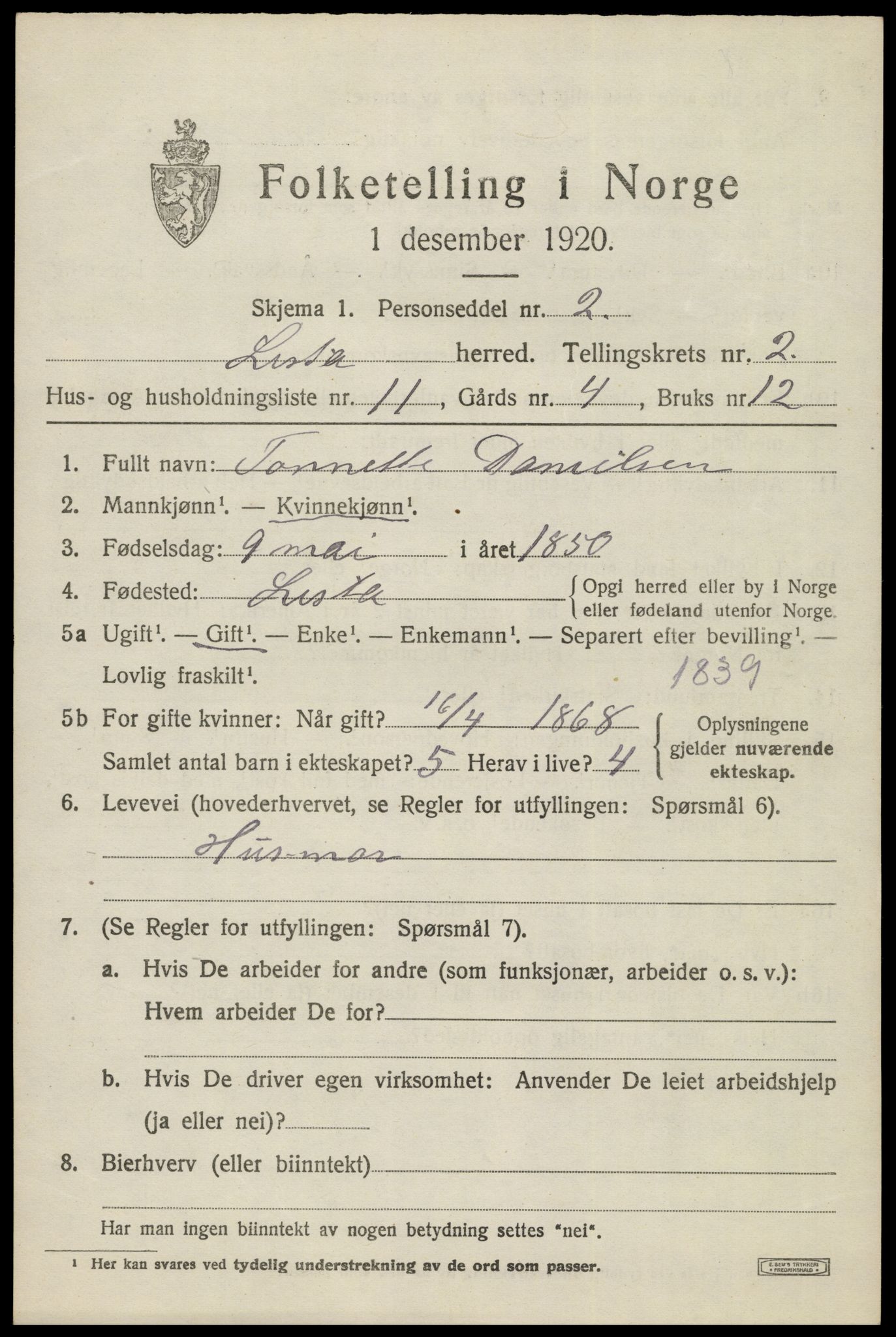 SAK, 1920 census for Lista, 1920, p. 3671