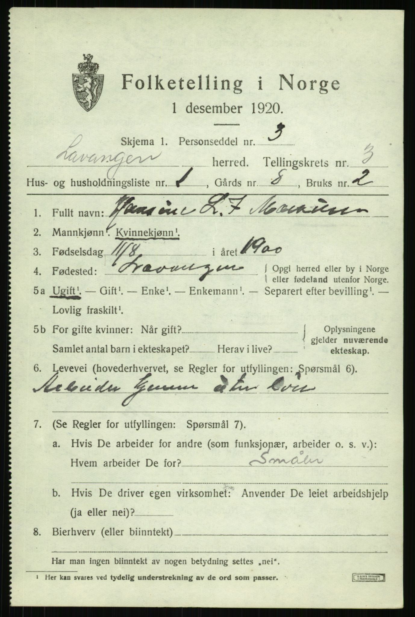 SATØ, 1920 census for Lavangen, 1920, p. 1351