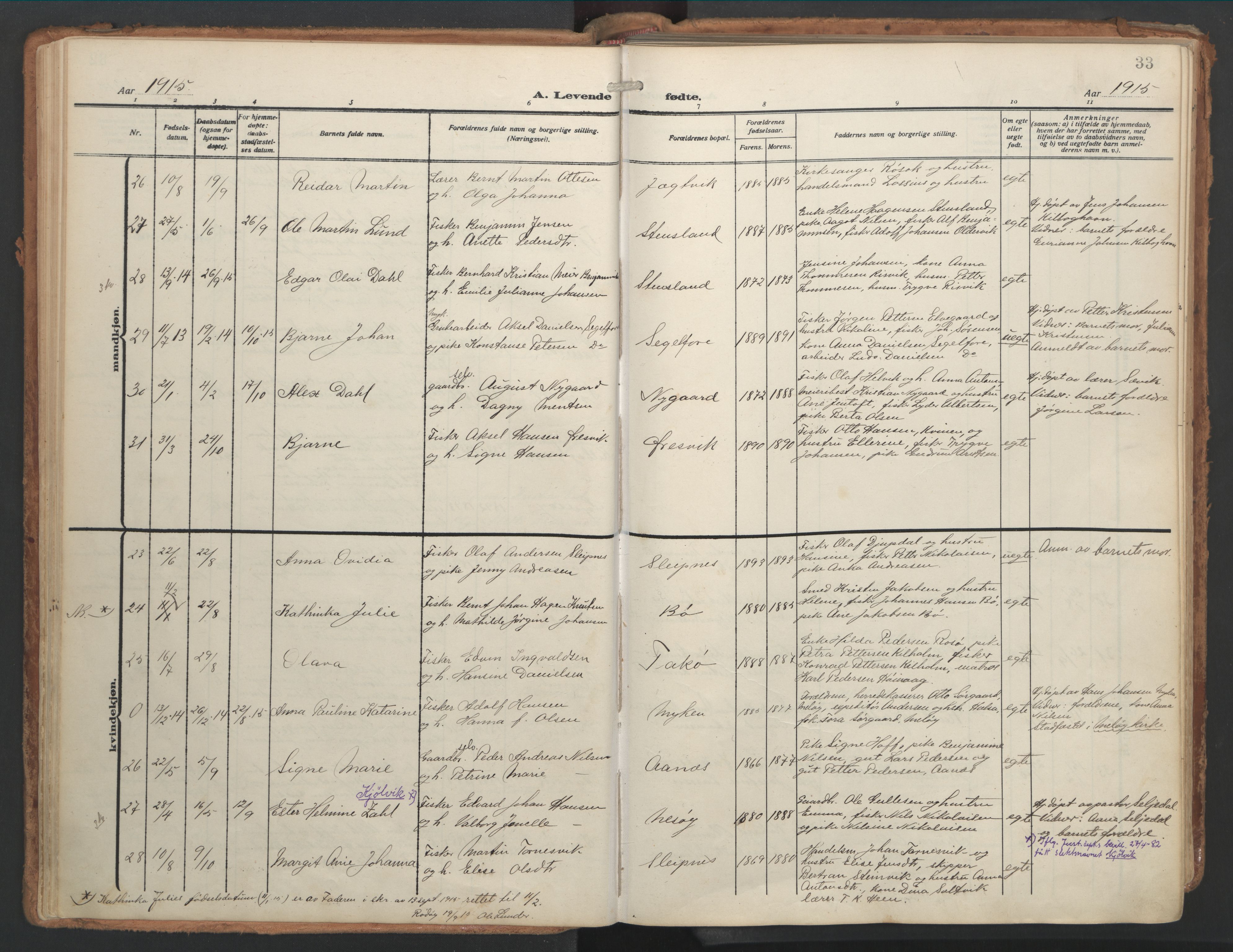 Ministerialprotokoller, klokkerbøker og fødselsregistre - Nordland, AV/SAT-A-1459/841/L0614: Parish register (official) no. 841A17, 1911-1925, p. 33