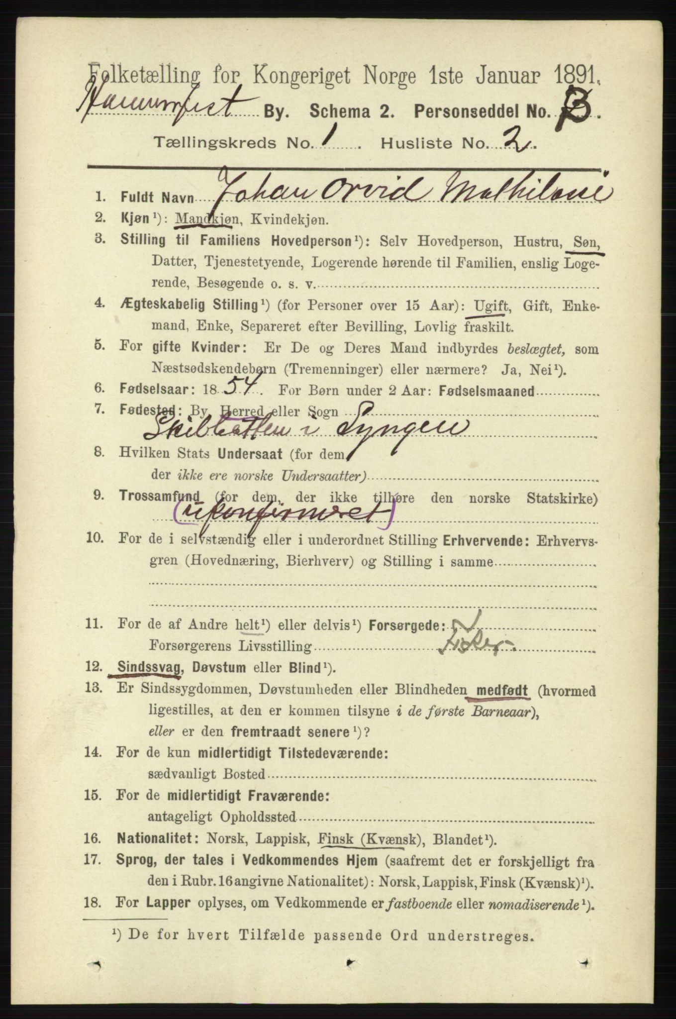 RA, 1891 census for 2001 Hammerfest, 1891, p. 70