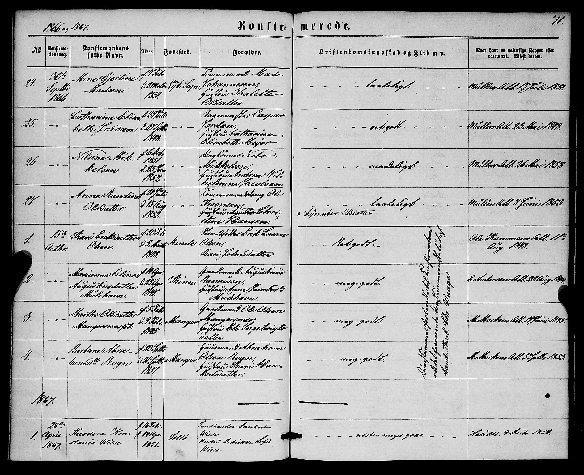 Nykirken Sokneprestembete, SAB/A-77101/H/Haa/L0024: Parish register (official) no. C 3, 1864-1870, p. 71