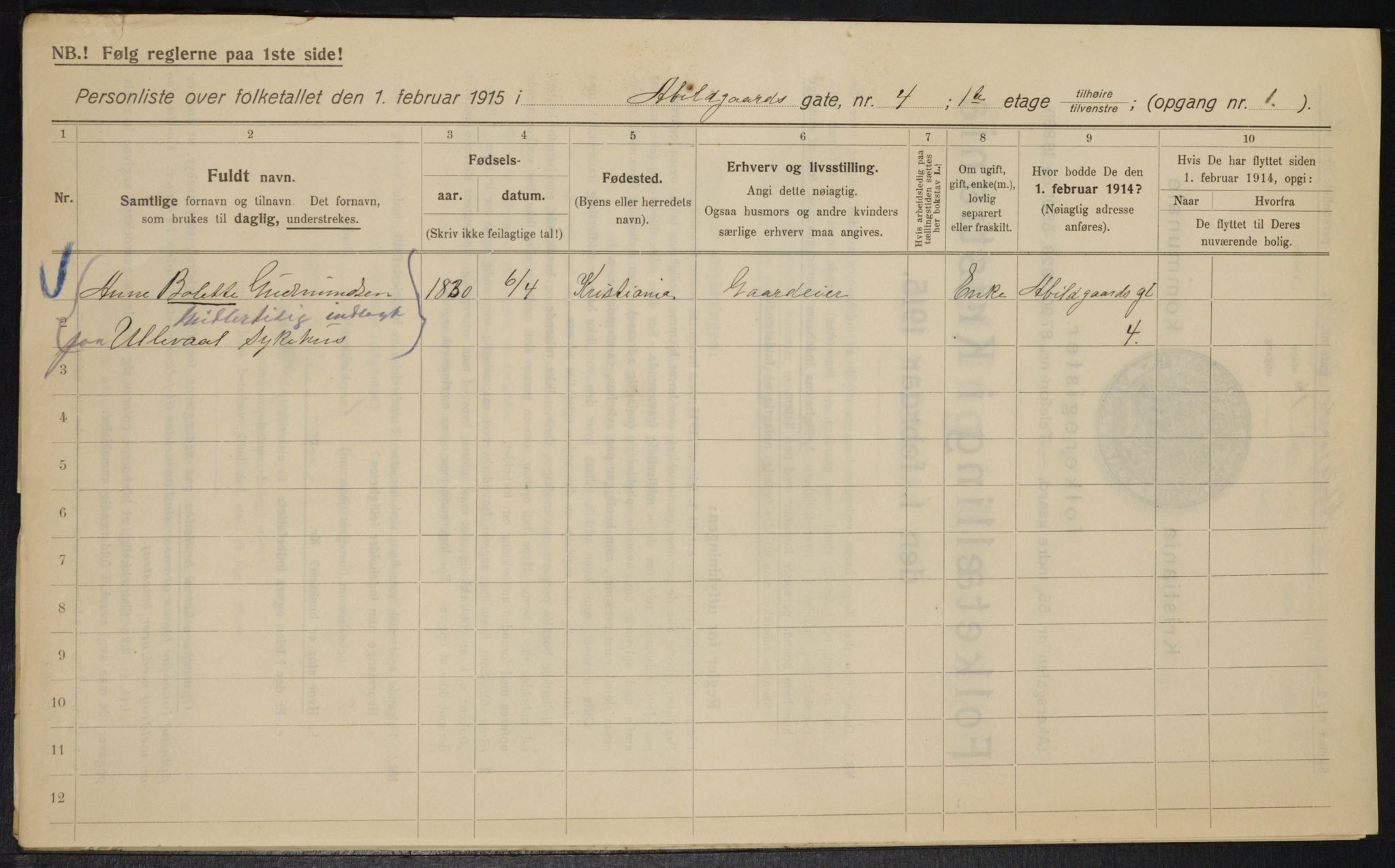 OBA, Municipal Census 1915 for Kristiania, 1915, p. 17