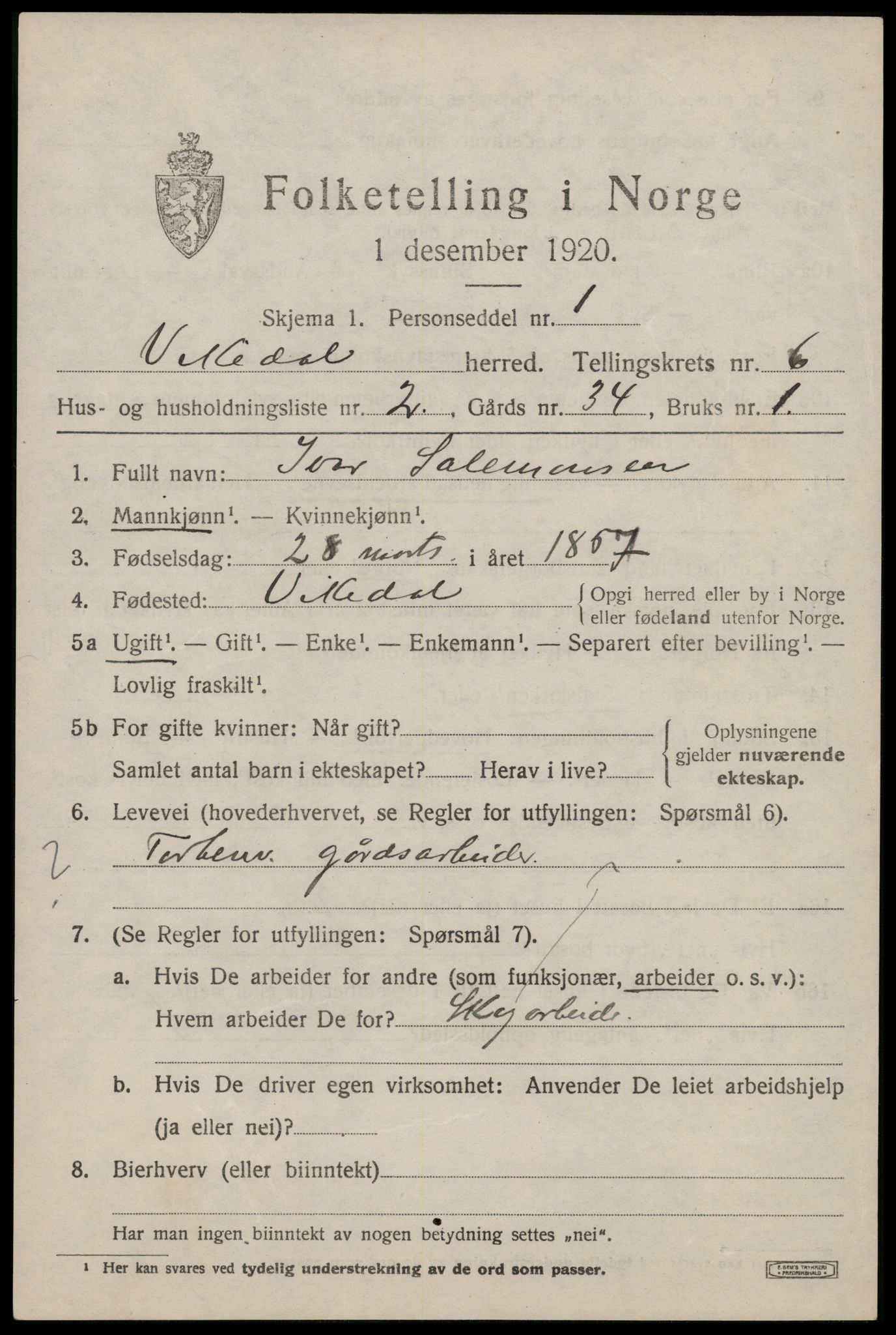 SAST, 1920 census for Vikedal, 1920, p. 2547