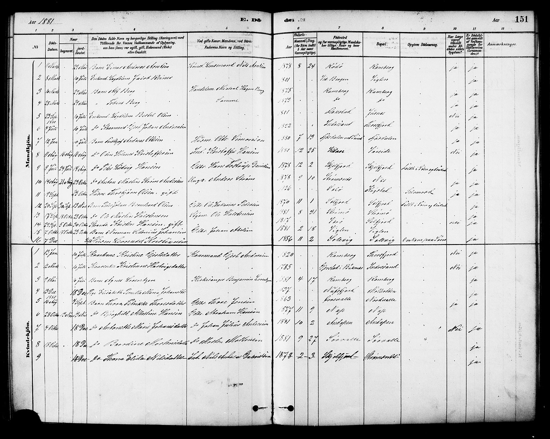 Ministerialprotokoller, klokkerbøker og fødselsregistre - Nordland, SAT/A-1459/885/L1204: Parish register (official) no. 885A05, 1878-1892, p. 151