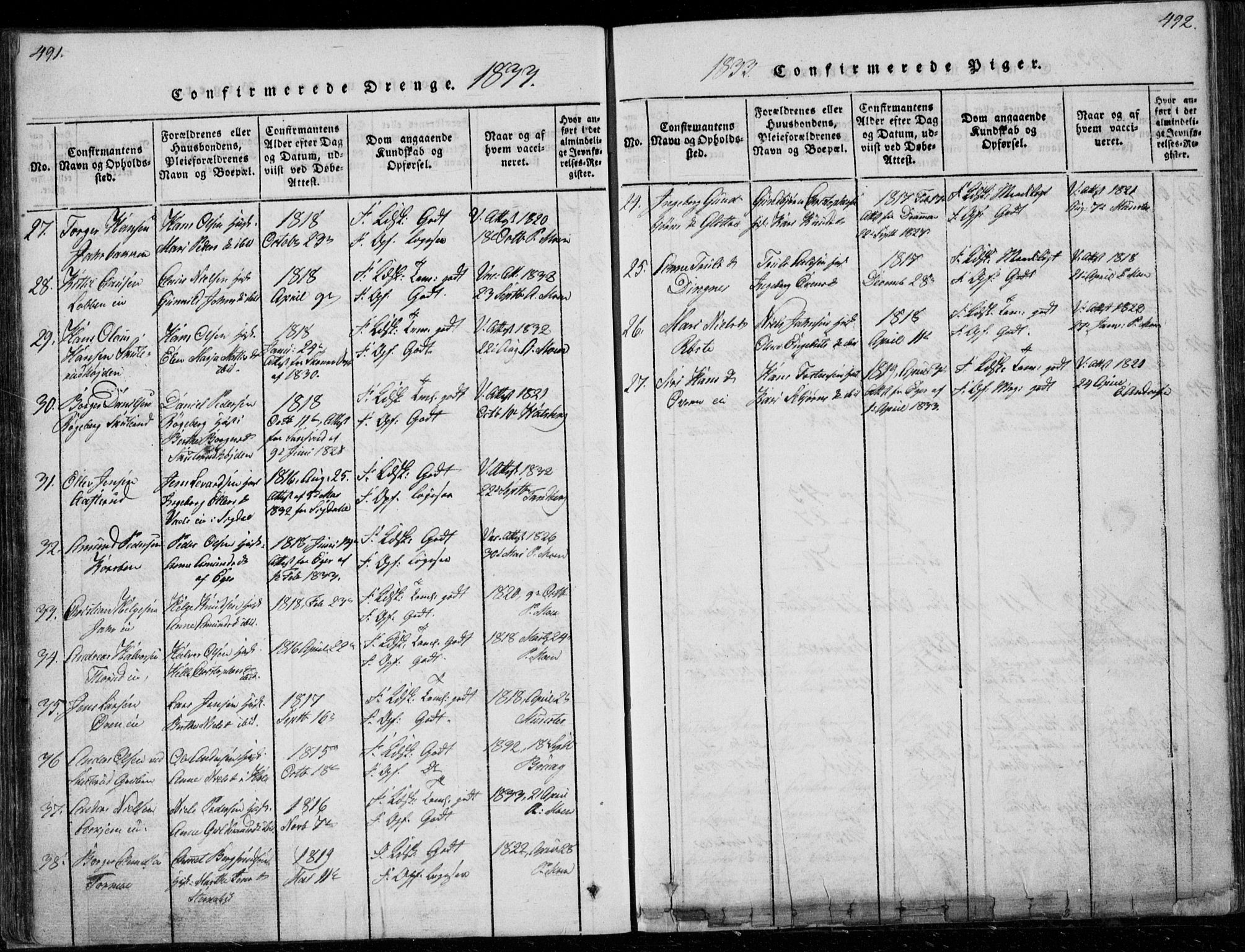 Modum kirkebøker, AV/SAKO-A-234/G/Ga/L0003: Parish register (copy) no. I 3, 1832-1842, p. 491-492