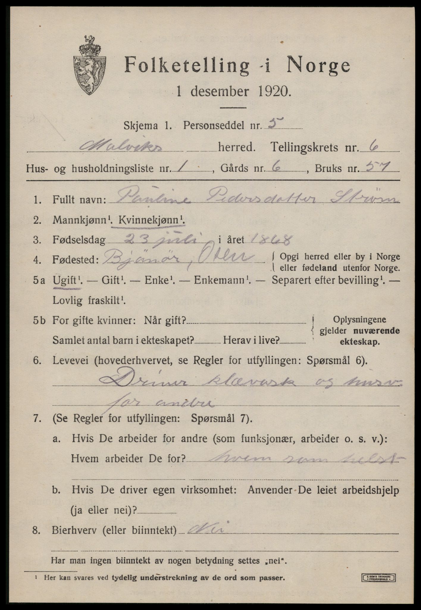 SAT, 1920 census for Malvik, 1920, p. 5332