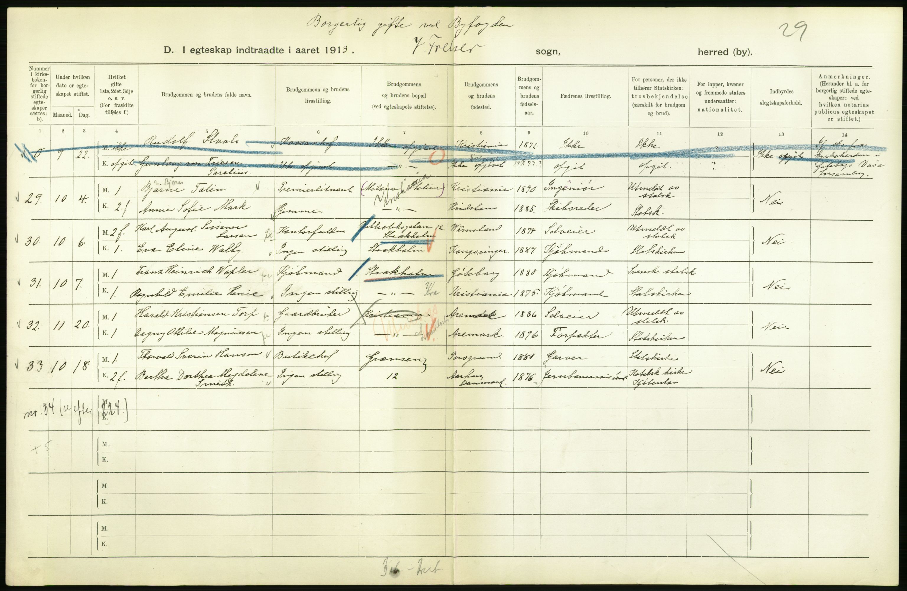 Statistisk sentralbyrå, Sosiodemografiske emner, Befolkning, AV/RA-S-2228/D/Df/Dfb/Dfbc/L0008: Kristiania: Gifte., 1913, p. 758