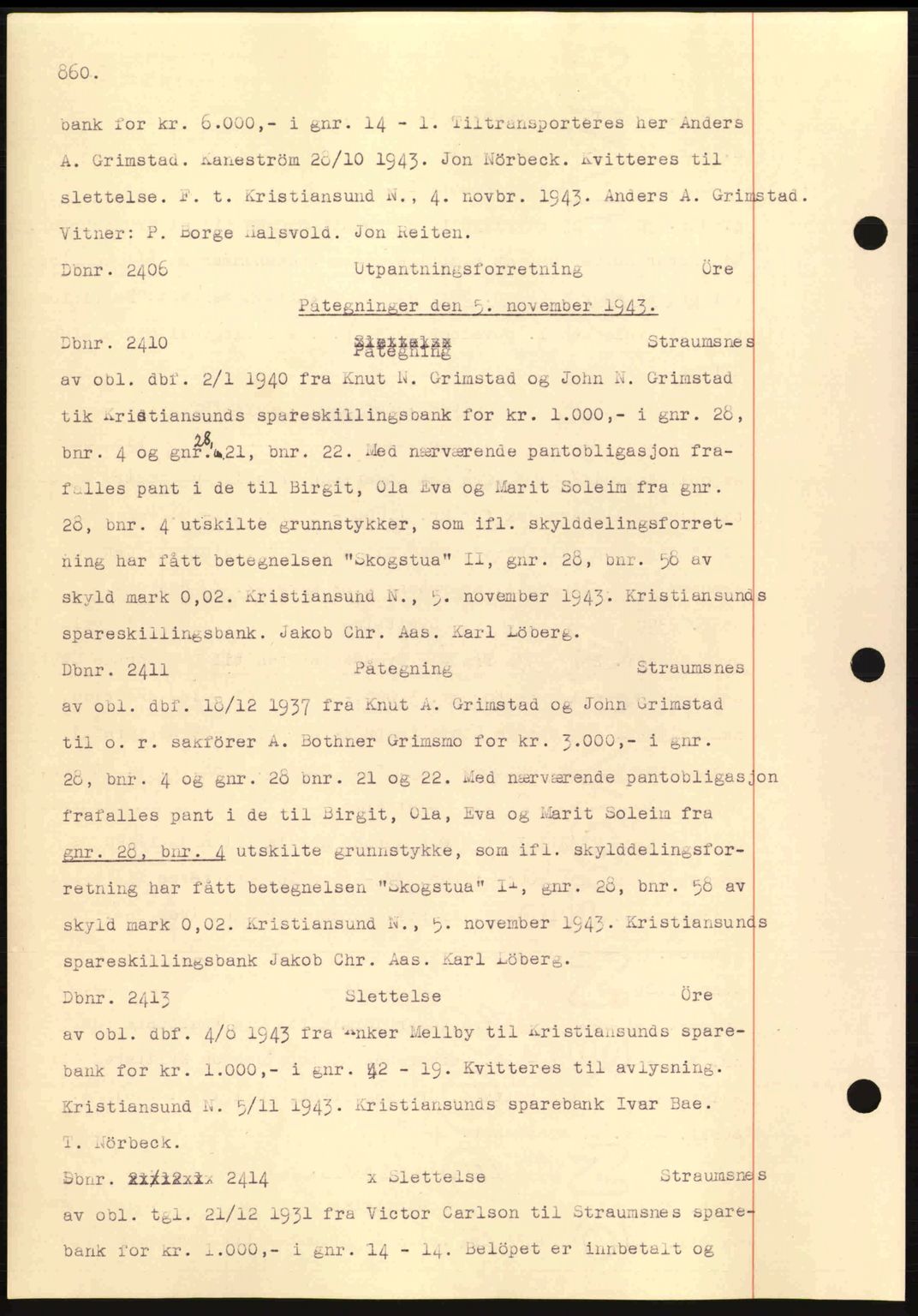 Nordmøre sorenskriveri, AV/SAT-A-4132/1/2/2Ca: Mortgage book no. C81, 1940-1945, Diary no: : 2410/1943