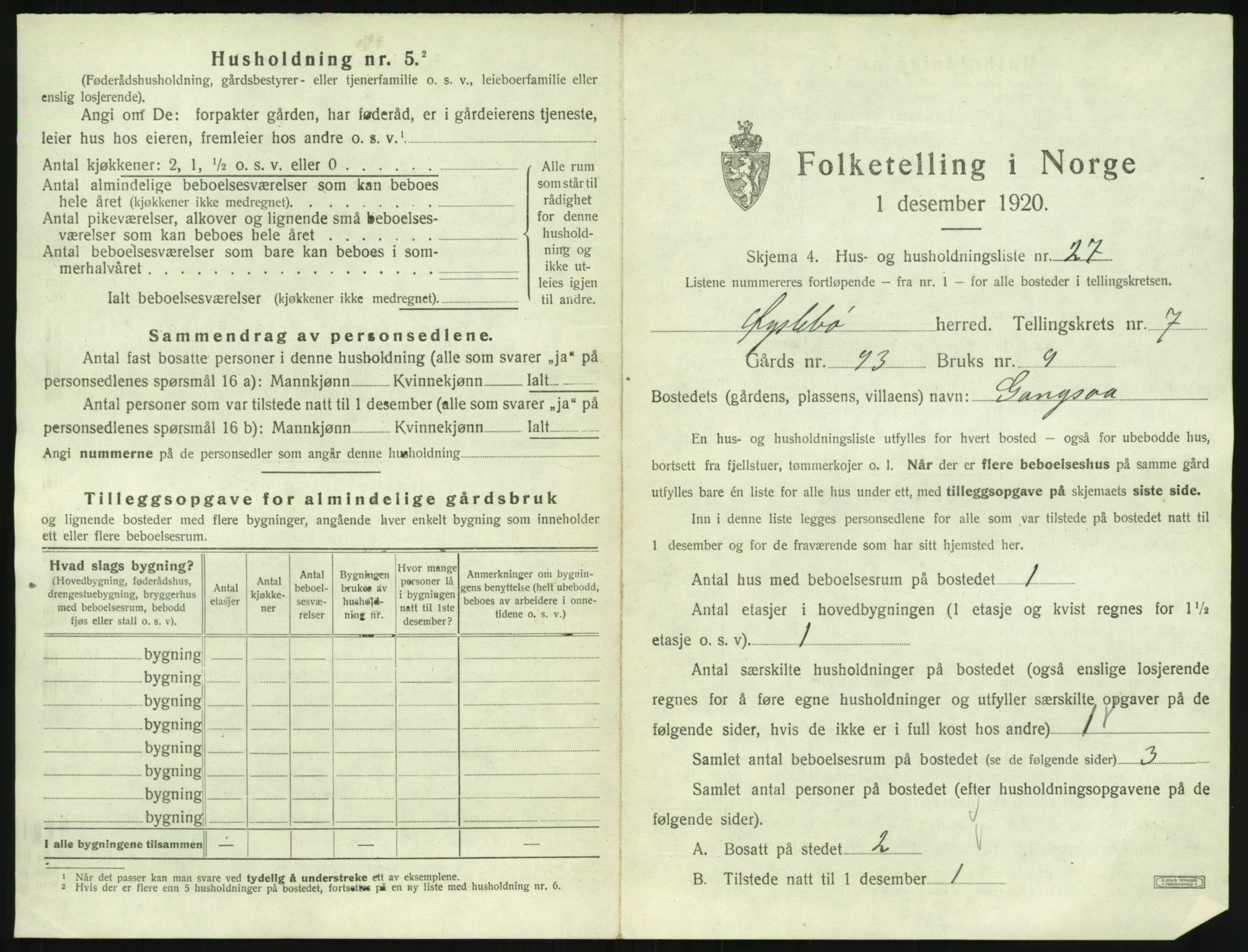 SAK, 1920 census for Øyslebø, 1920, p. 452