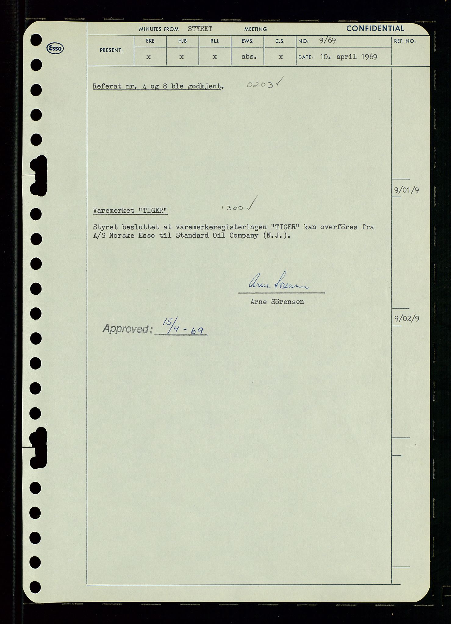 Pa 0982 - Esso Norge A/S, SAST/A-100448/A/Aa/L0003/0001: Den administrerende direksjon Board minutes (styrereferater) og Bedriftforsamlingsprotokoll / Den administrerende direksjon Board minutes (styrereferater), 1969, p. 10