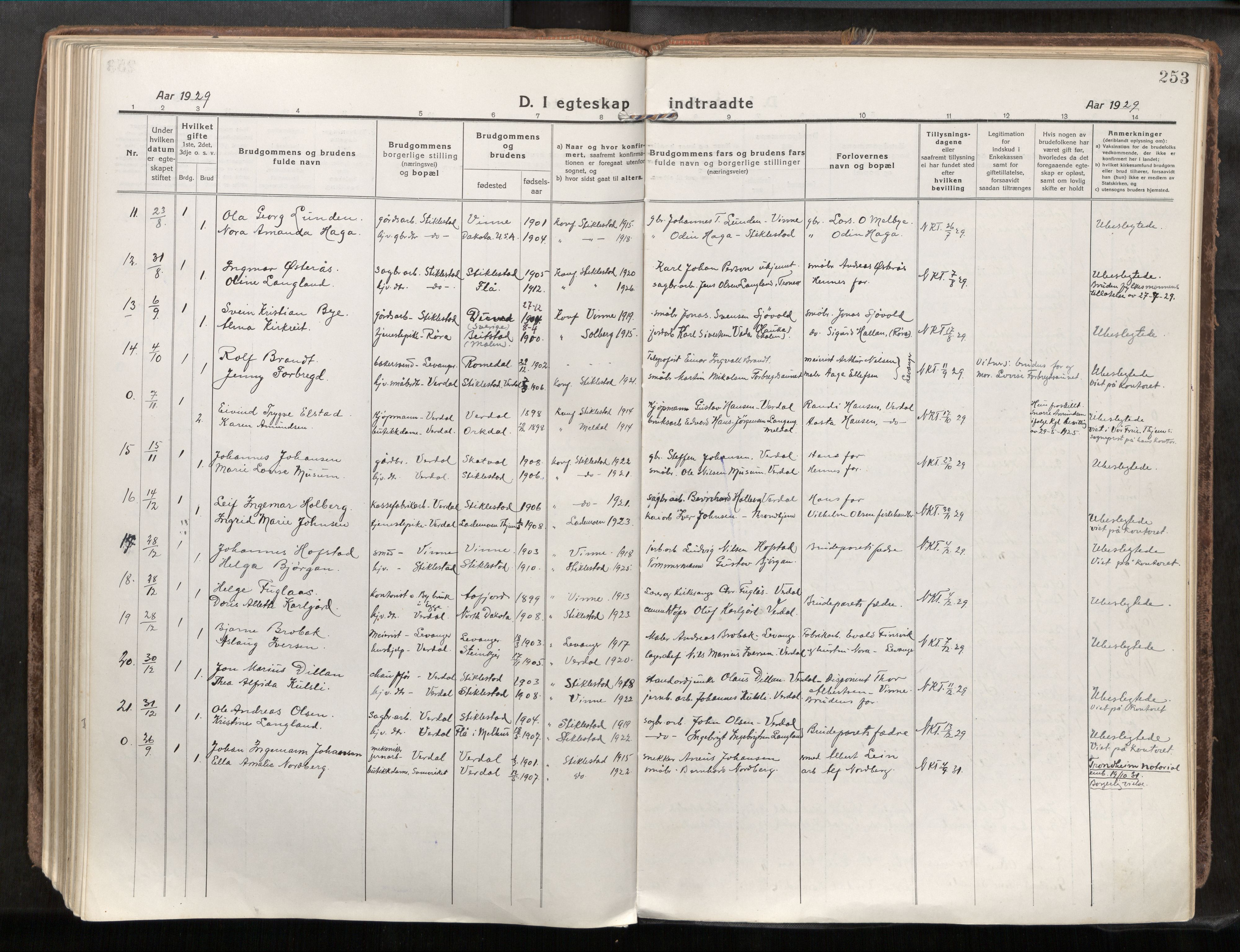 Verdal sokneprestkontor, SAT/A-1156/2/H/Haa/L0001: Parish register (official) no. 1, 1917-1932, p. 253