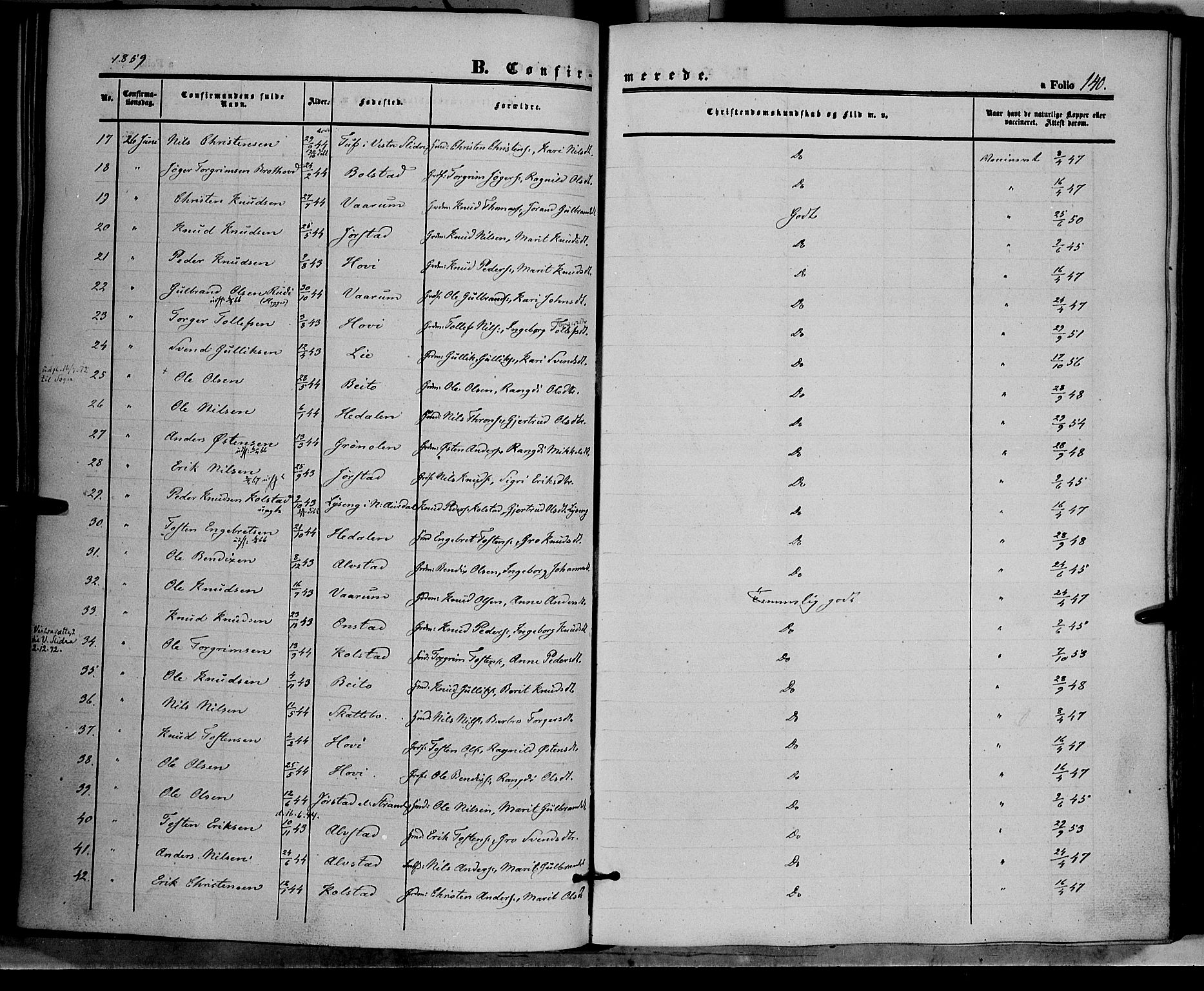 Øystre Slidre prestekontor, SAH/PREST-138/H/Ha/Haa/L0001: Parish register (official) no. 1, 1849-1874, p. 140