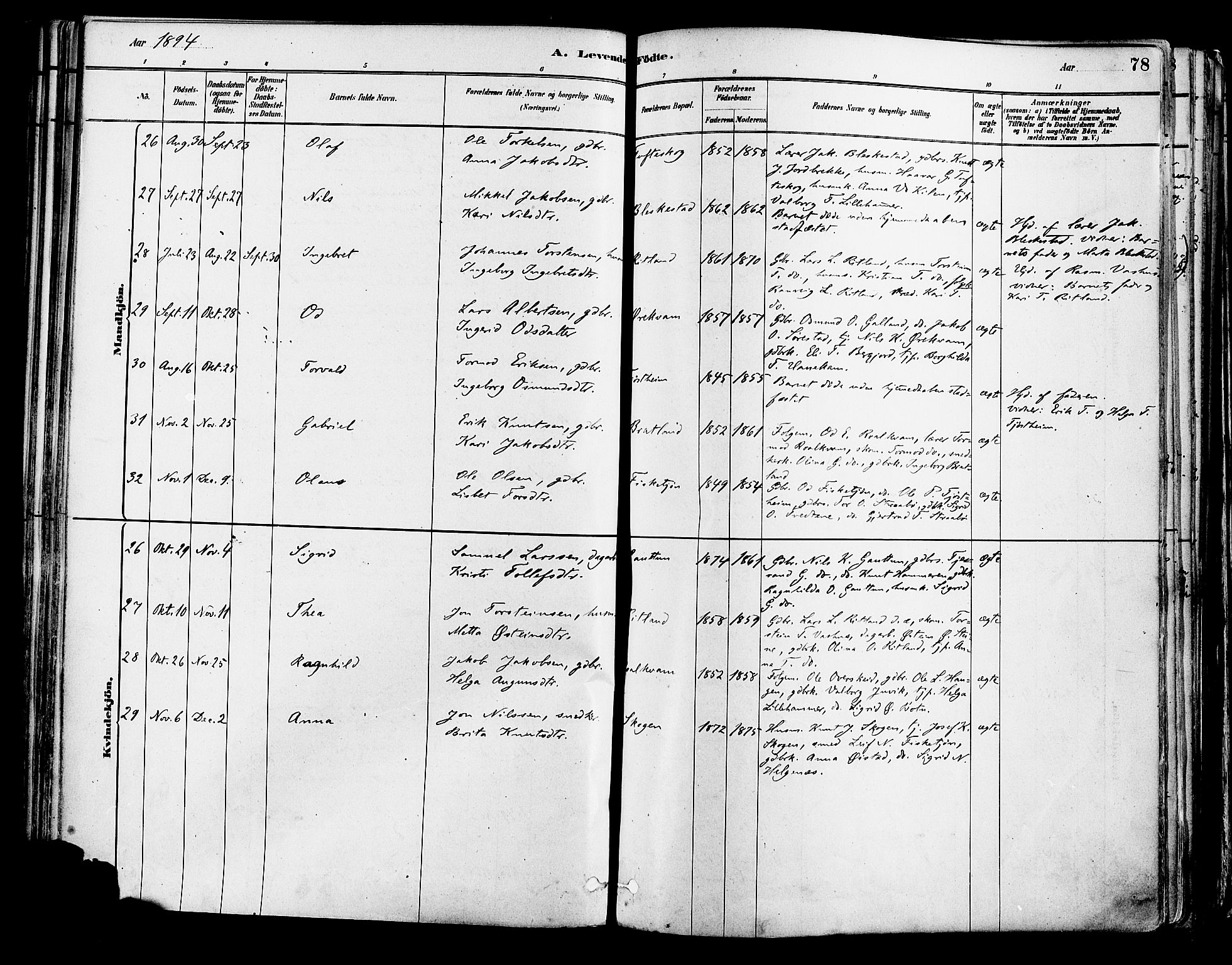 Suldal sokneprestkontor, AV/SAST-A-101845/01/IV/L0011: Parish register (official) no. A 11, 1878-1900, p. 78