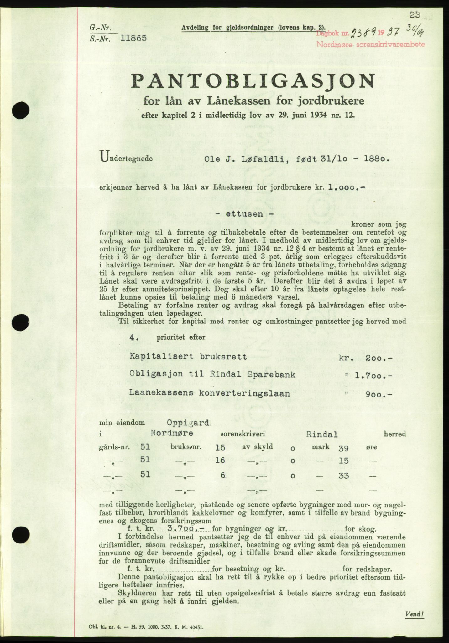 Nordmøre sorenskriveri, AV/SAT-A-4132/1/2/2Ca/L0092: Mortgage book no. B82, 1937-1938, Diary no: : 2389/1937