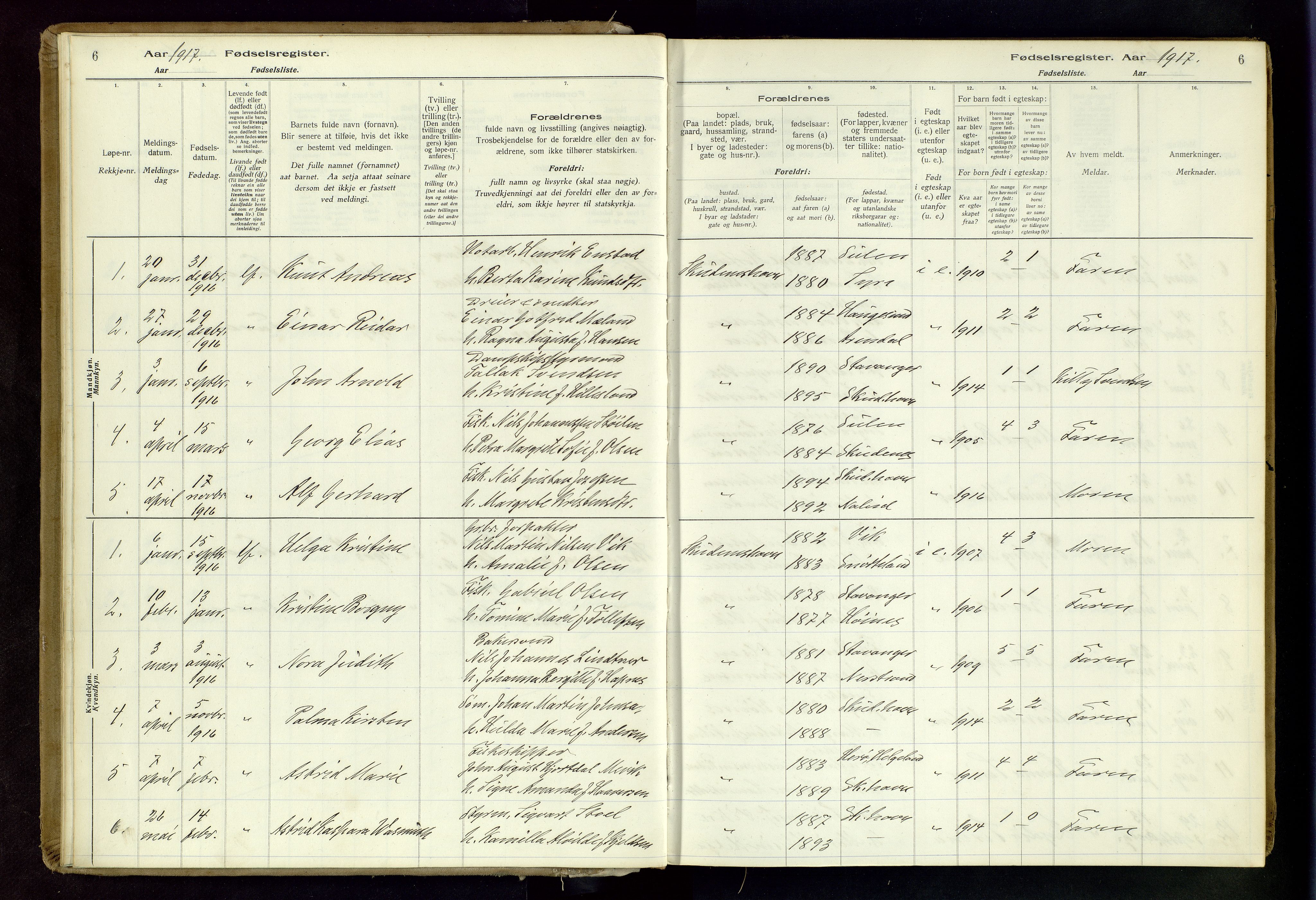 Skudenes sokneprestkontor, SAST/A -101849/I/Id/L0003: Birth register no. 3, 1916-1964, p. 6