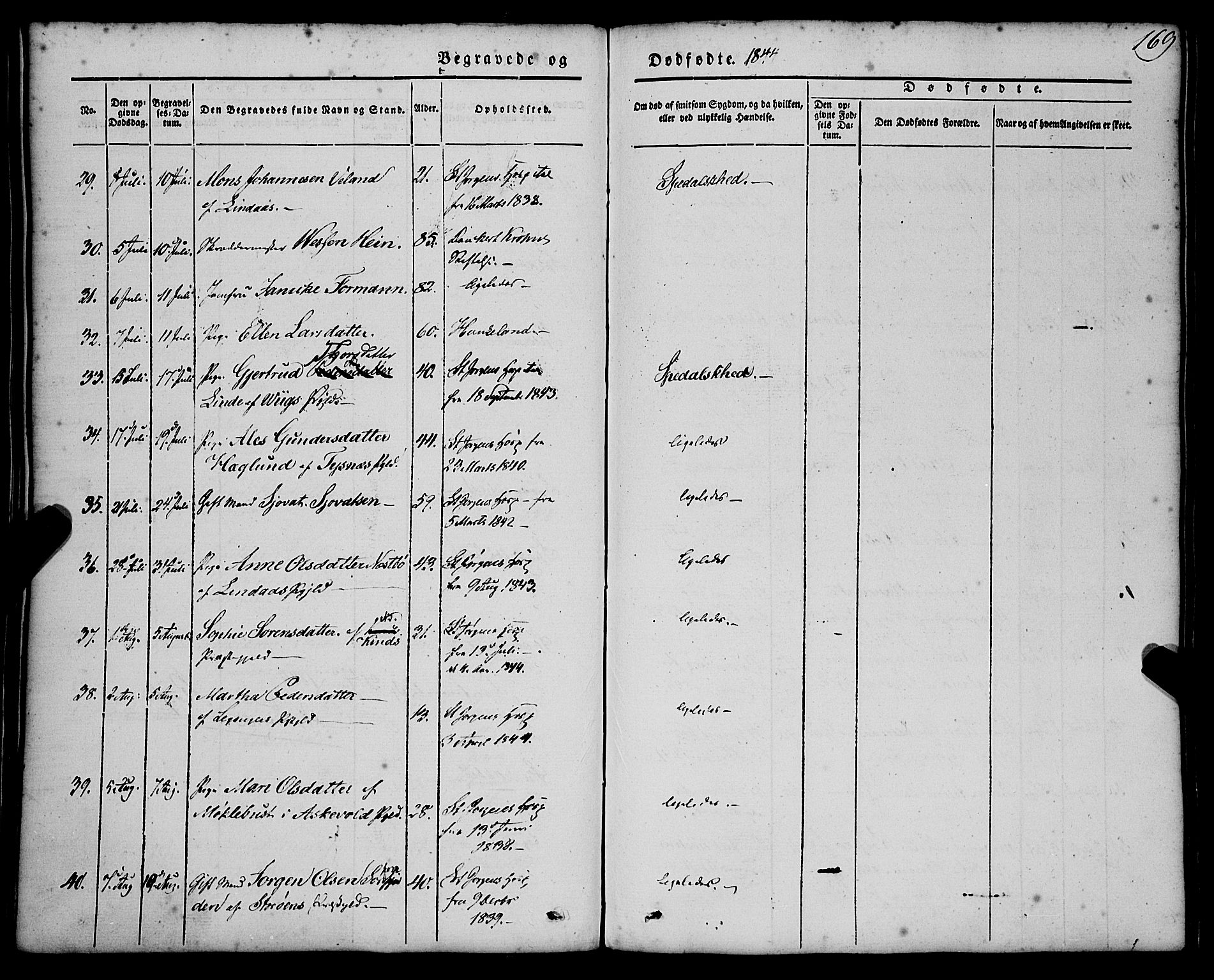 St. Jørgens hospital og Årstad sokneprestembete, AV/SAB-A-99934: Parish register (official) no. A 4, 1844-1863, p. 169