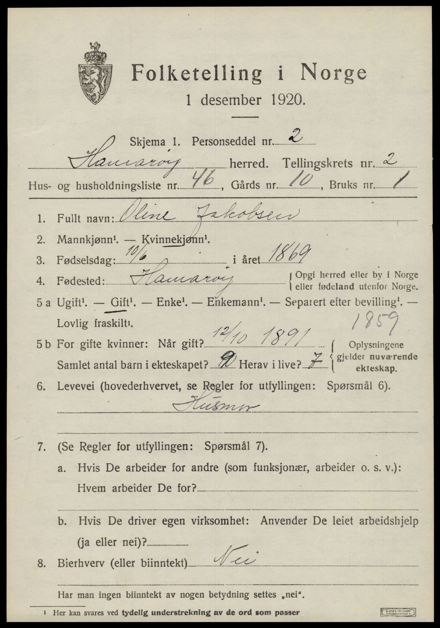SAT, 1920 census for Hamarøy, 1920, p. 2018