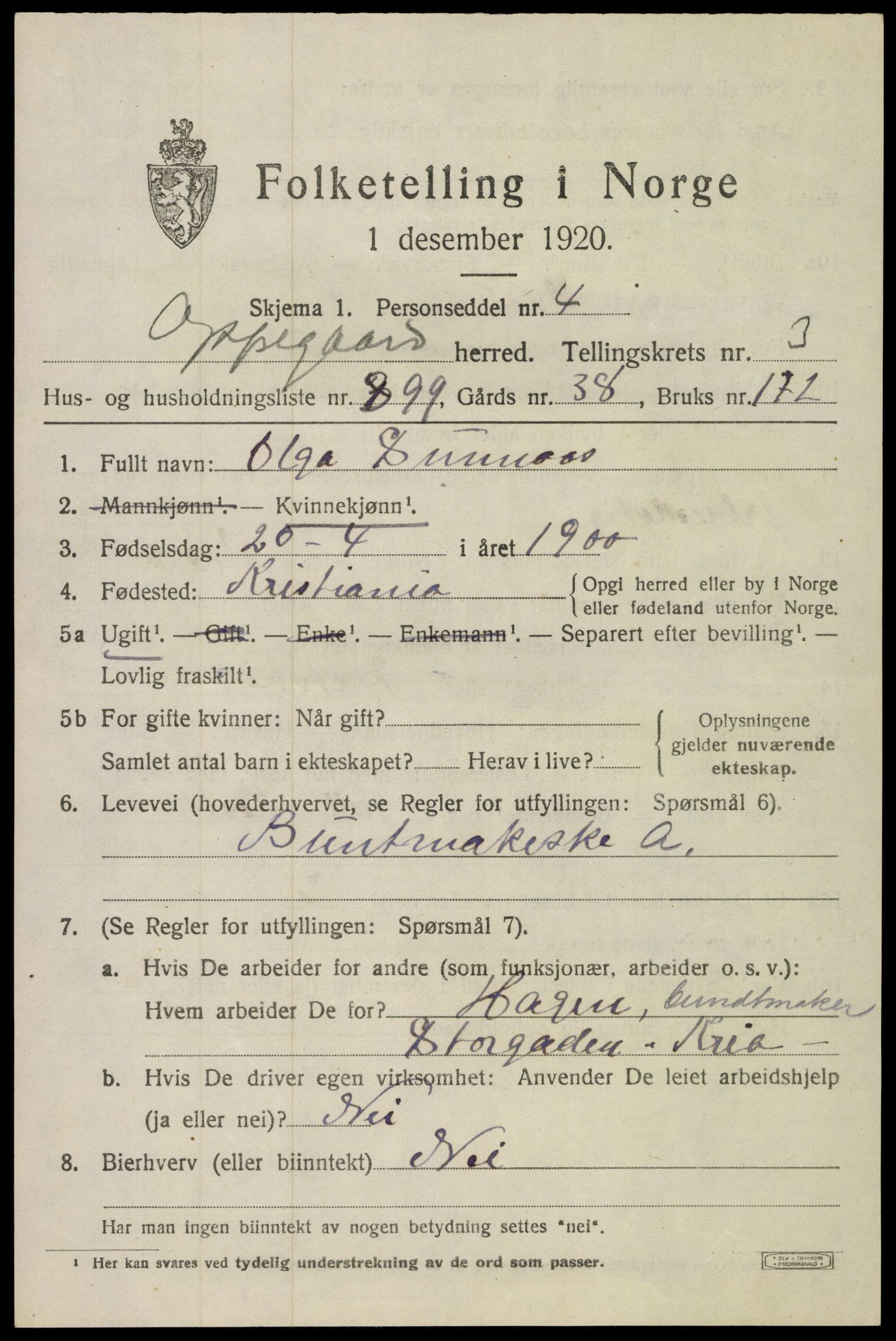 SAO, 1920 census for Oppegård, 1920, p. 9489
