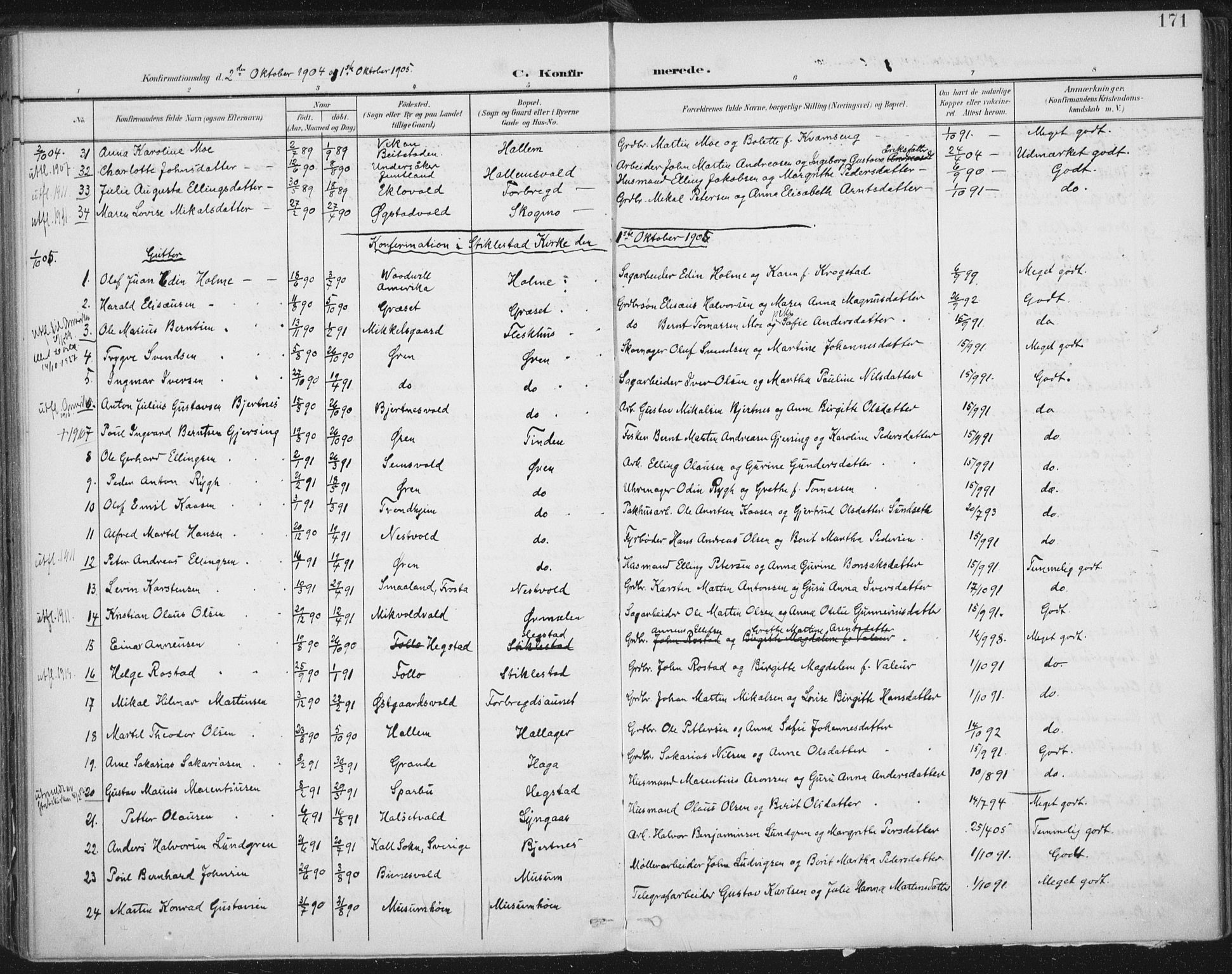 Ministerialprotokoller, klokkerbøker og fødselsregistre - Nord-Trøndelag, SAT/A-1458/723/L0246: Parish register (official) no. 723A15, 1900-1917, p. 171