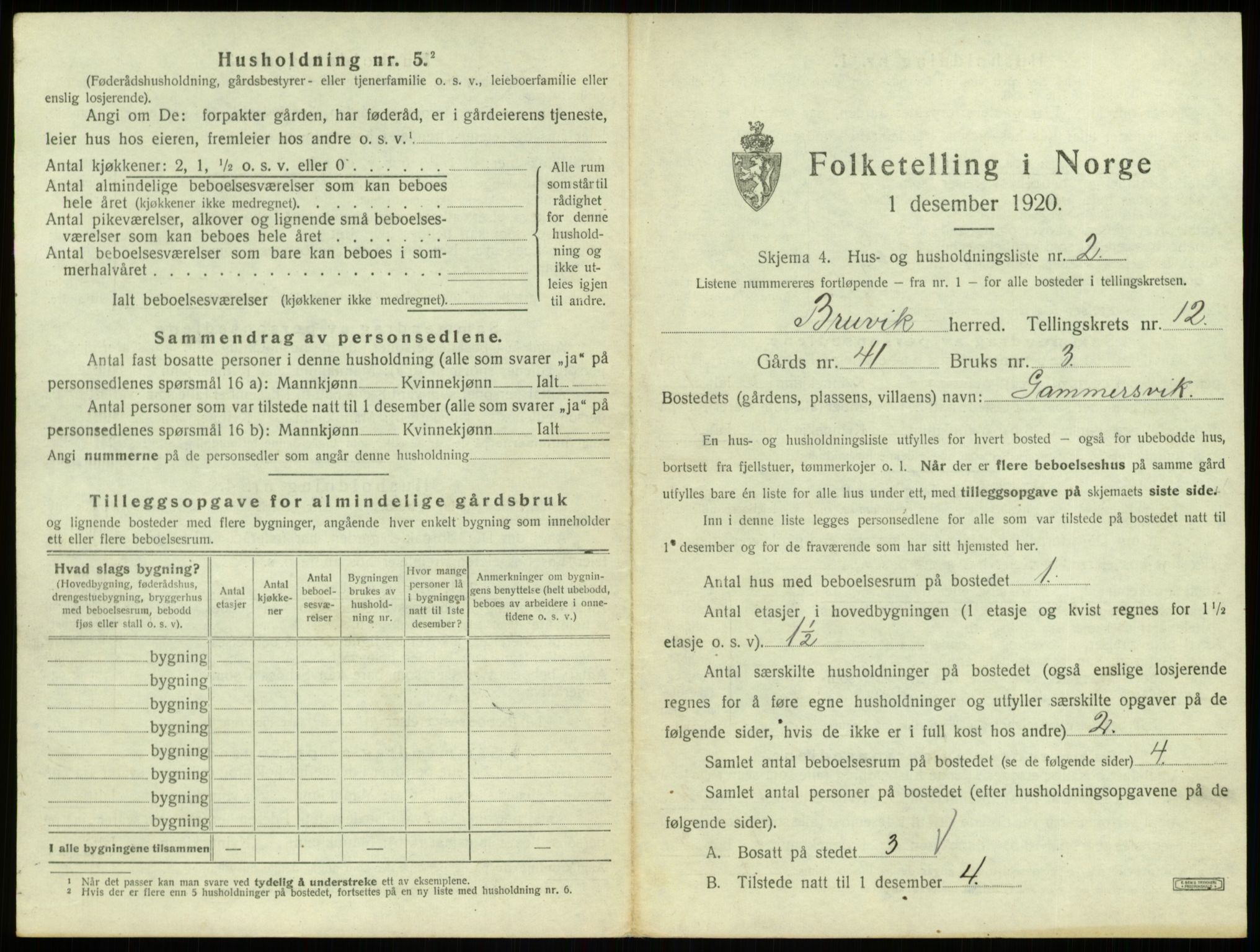 SAB, 1920 census for Bruvik, 1920, p. 848