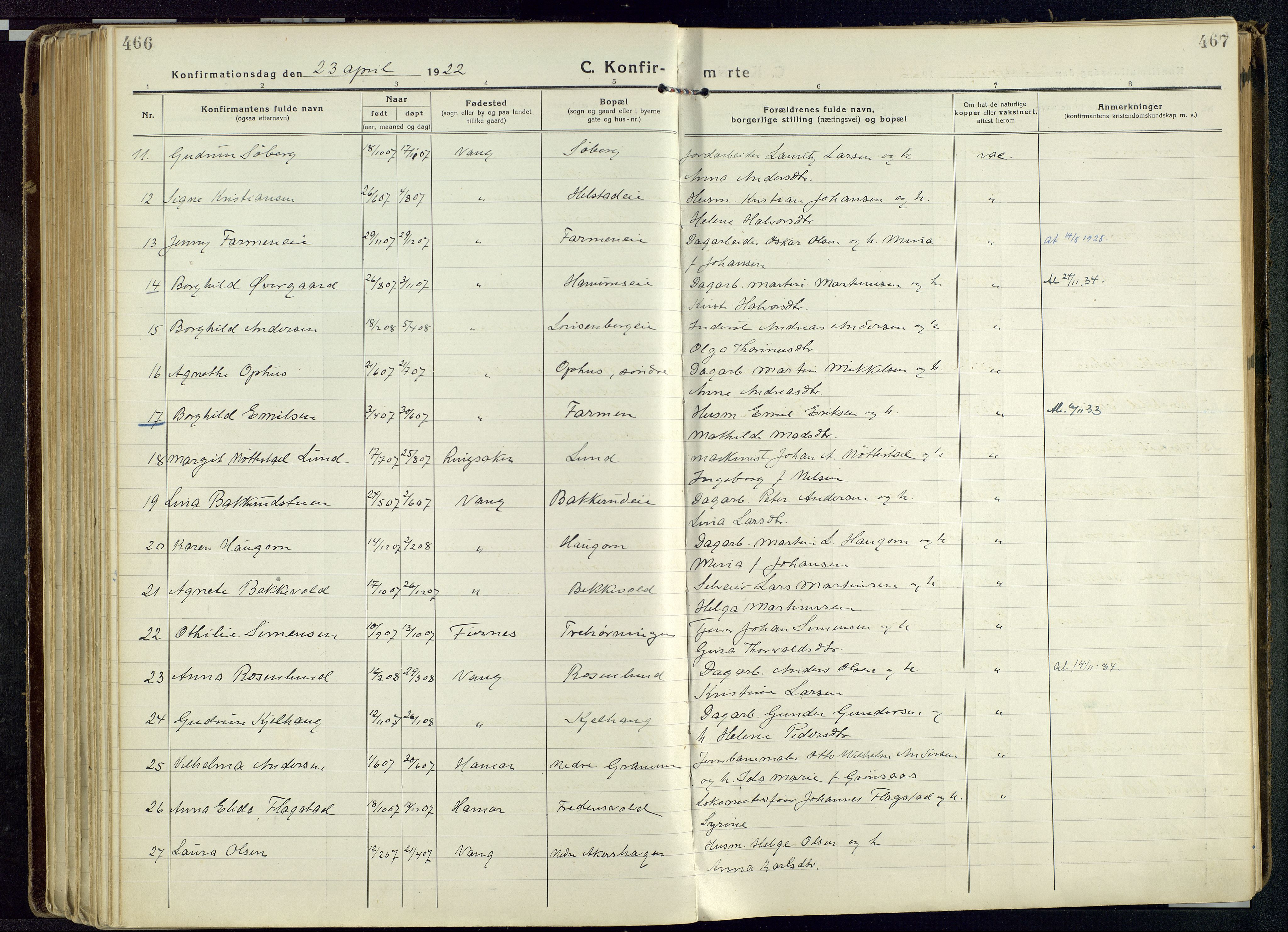 Vang prestekontor, Hedmark, AV/SAH-PREST-008/H/Ha/Haa/L0022: Parish register (official) no. 22, 1918-1944, p. 466-467