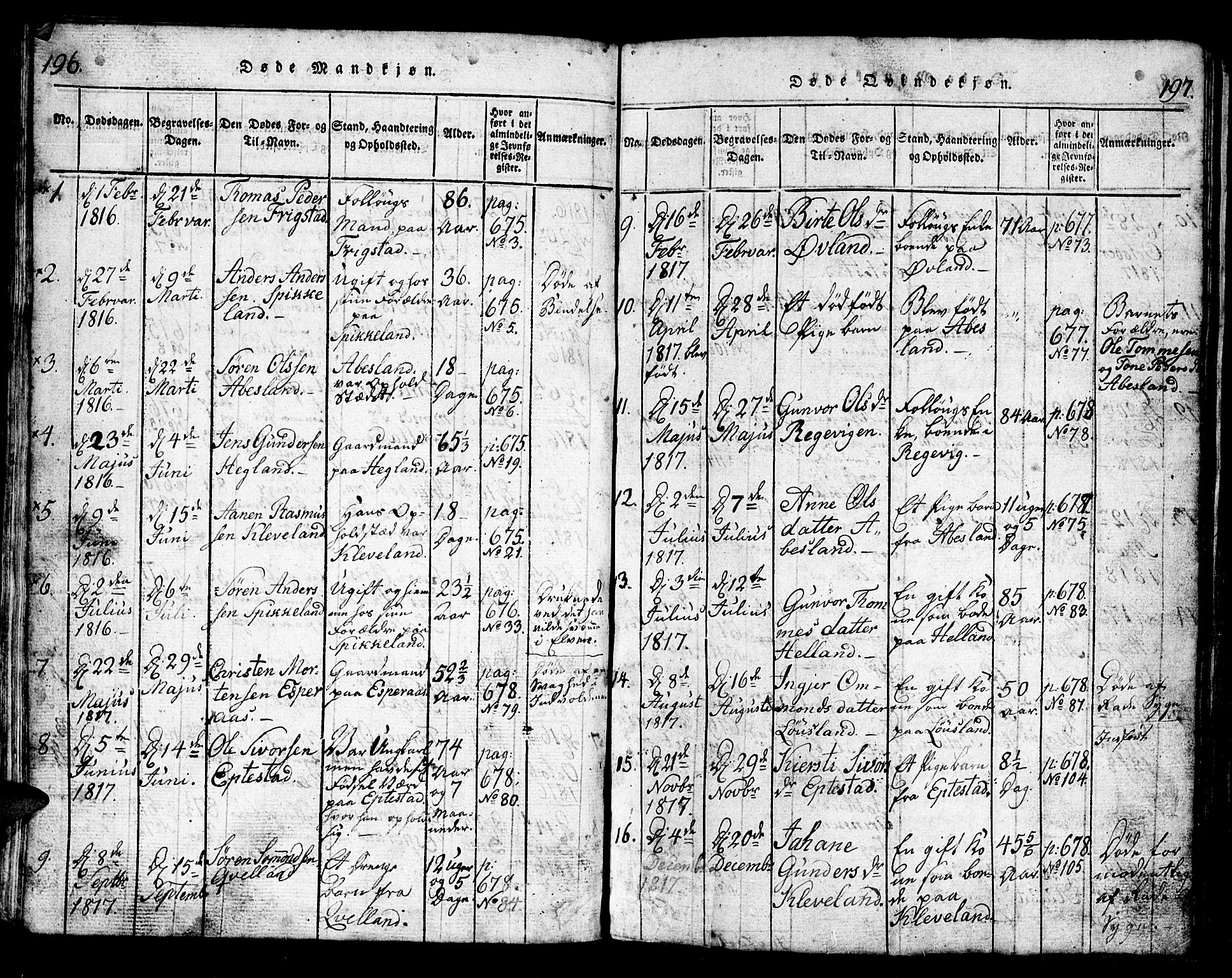 Bjelland sokneprestkontor, AV/SAK-1111-0005/F/Fb/Fbb/L0003: Parish register (copy) no. B 3, 1816-1868, p. 196-197