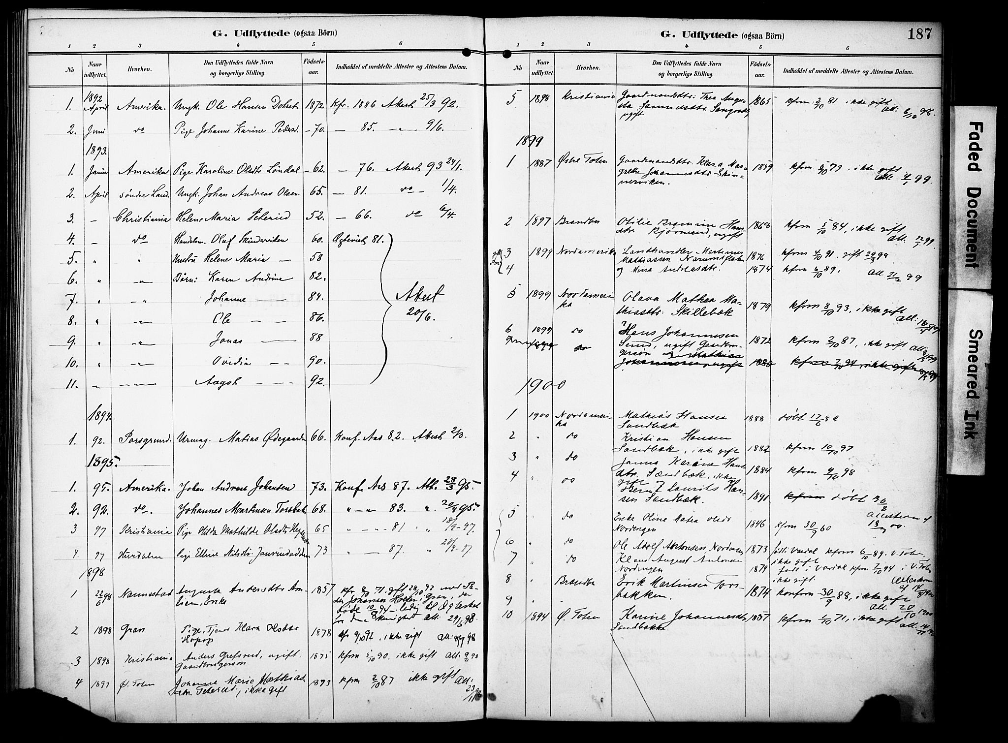 Vestre Toten prestekontor, SAH/PREST-108/H/Ha/Haa/L0012: Parish register (official) no. 12, 1890-1906, p. 187