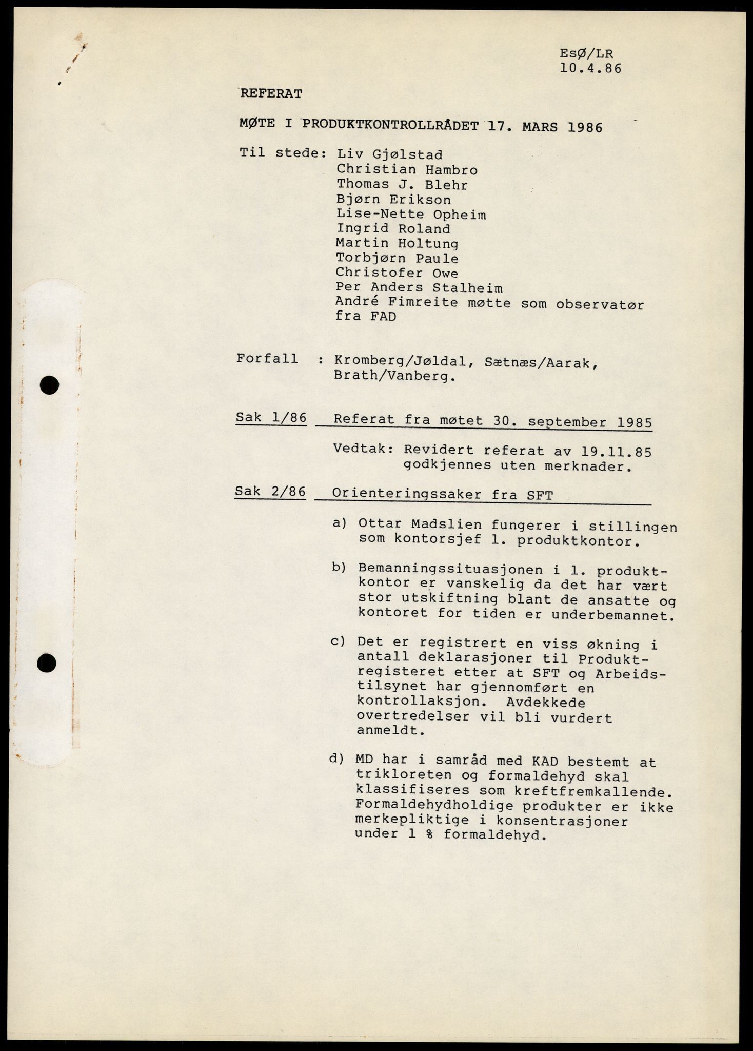 Statens forurensningstilsyn, hovedkontoret, RA/S-4136/1/A/Ab/L0012: Produktkontrollrådet - Innkalling og referater, 1986