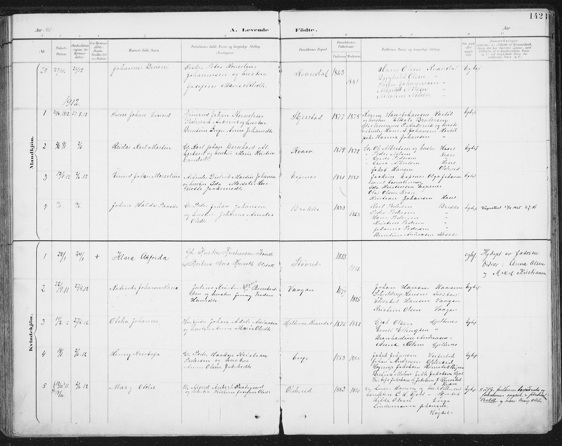 Ministerialprotokoller, klokkerbøker og fødselsregistre - Nordland, AV/SAT-A-1459/852/L0741: Parish register (official) no. 852A11, 1894-1917, p. 142