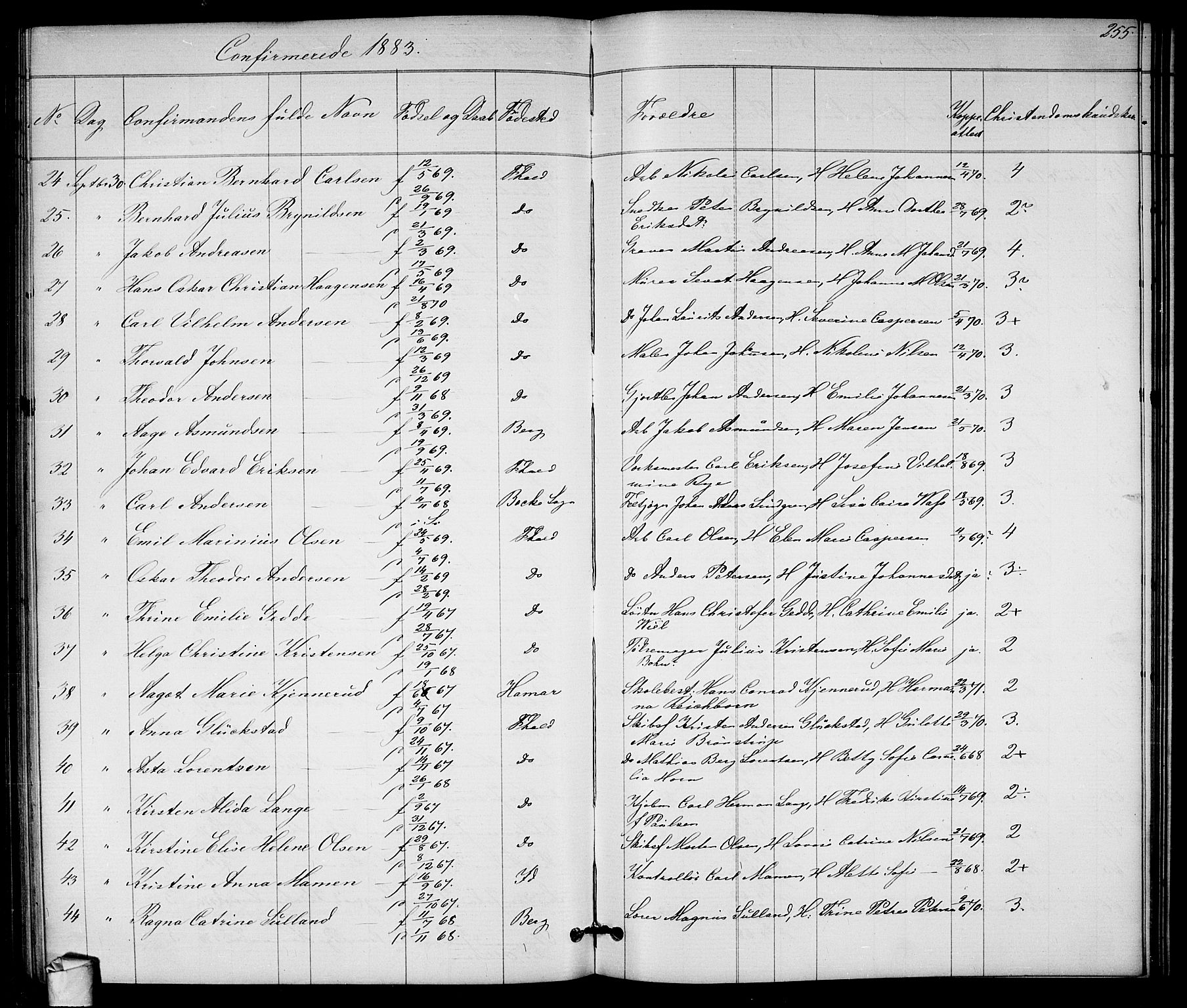 Halden prestekontor Kirkebøker, SAO/A-10909/G/Ga/L0007: Parish register (copy) no. 7, 1869-1884, p. 255