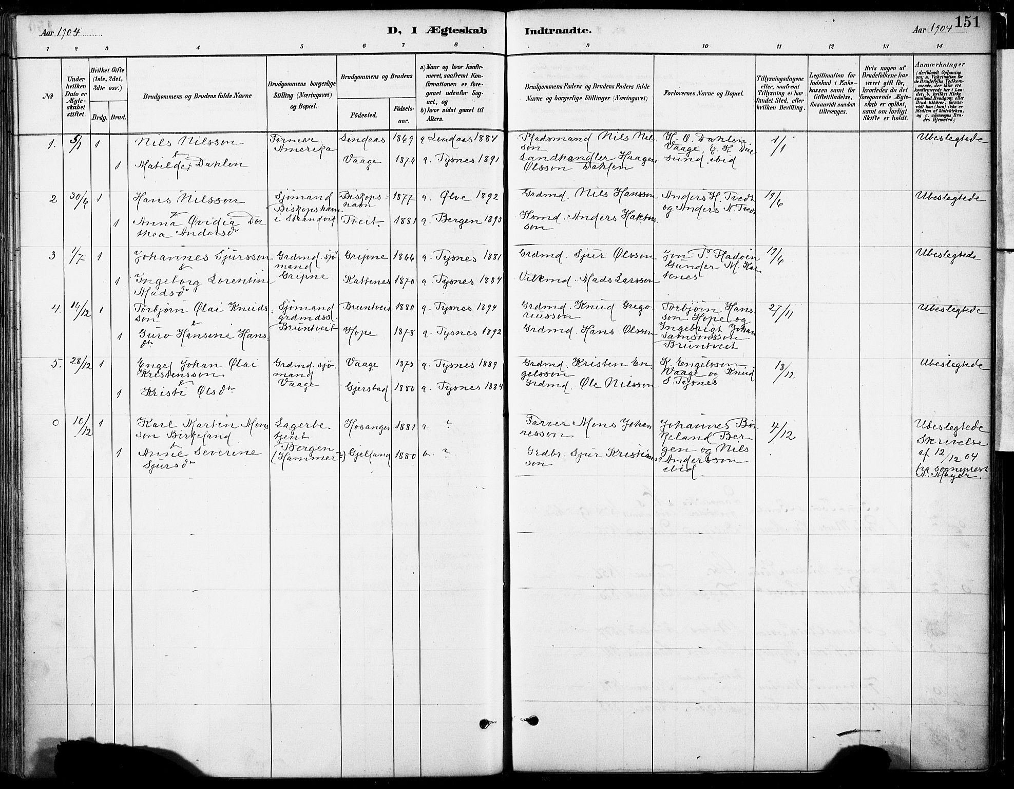 Tysnes sokneprestembete, SAB/A-78601/H/Haa: Parish register (official) no. B 1, 1887-1906, p. 151