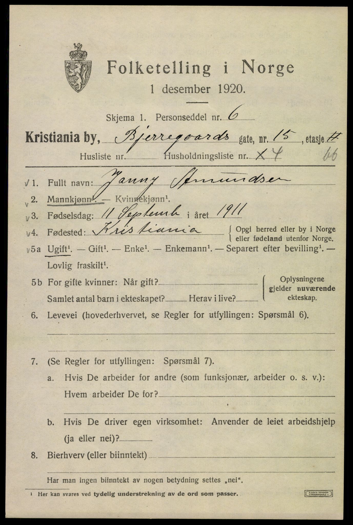 SAO, 1920 census for Kristiania, 1920, p. 159805