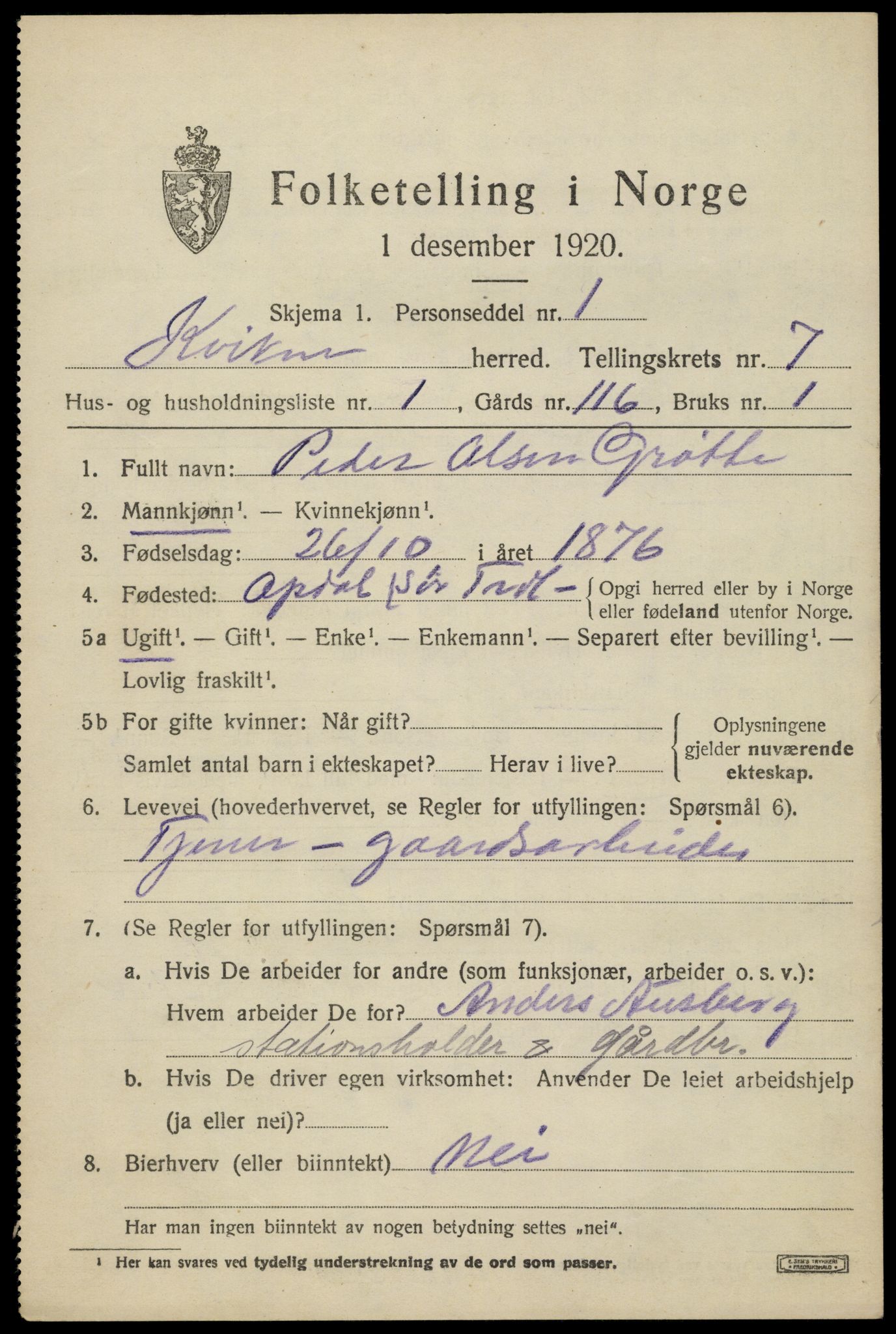 SAH, 1920 census for Kvikne, 1920, p. 2804