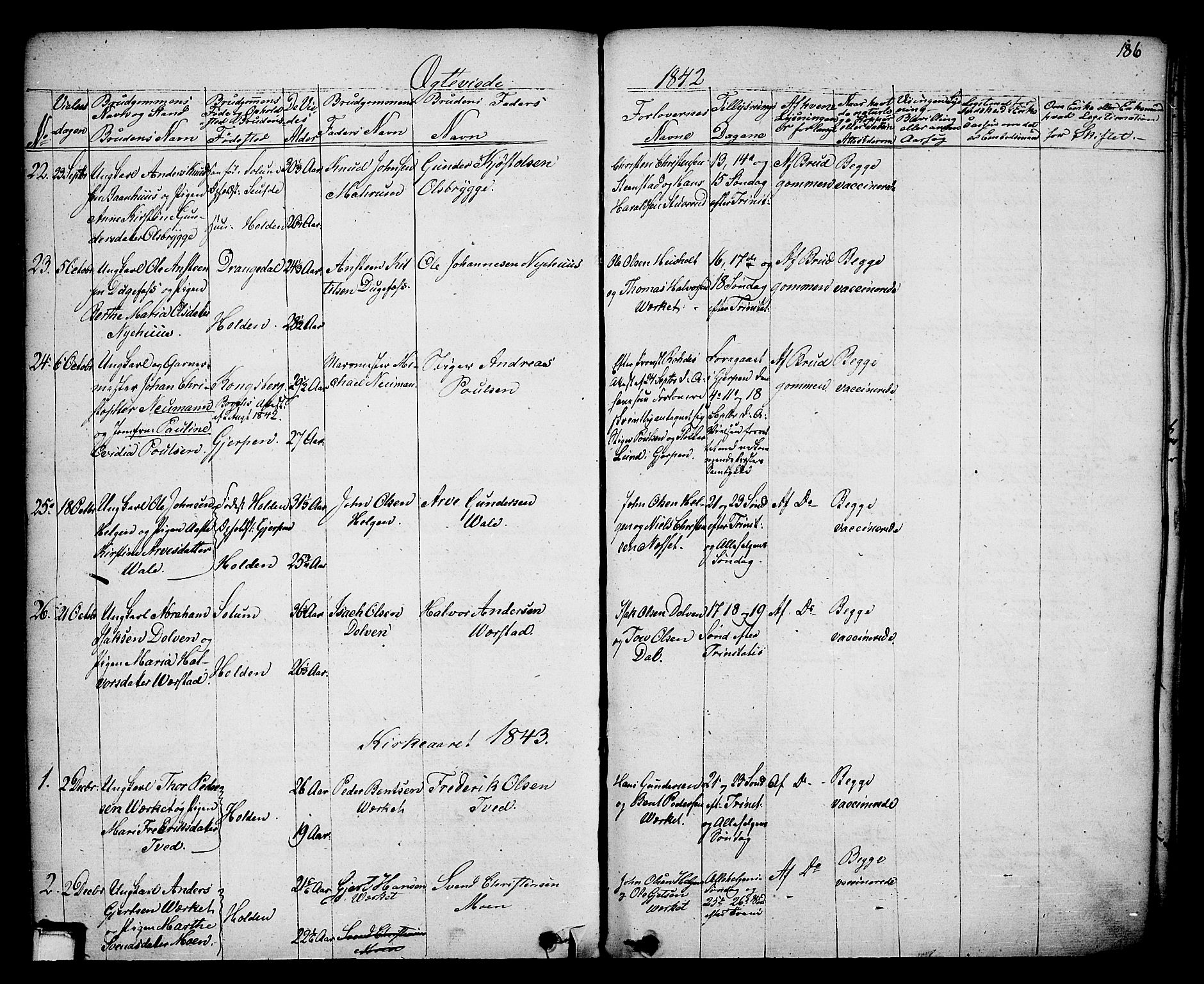 Holla kirkebøker, SAKO/A-272/F/Fa/L0004: Parish register (official) no. 4, 1830-1848, p. 186
