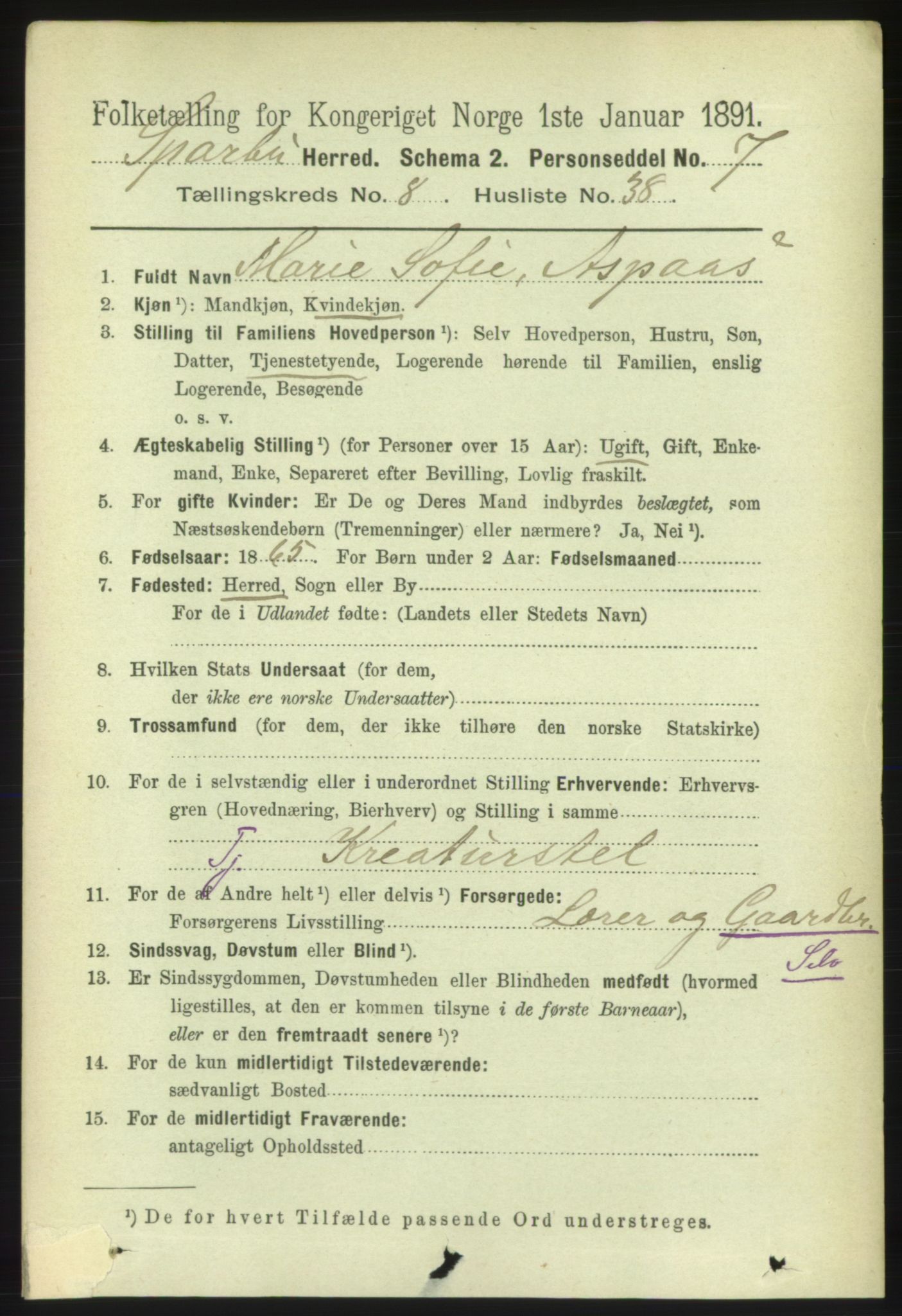 RA, 1891 census for 1731 Sparbu, 1891, p. 3009