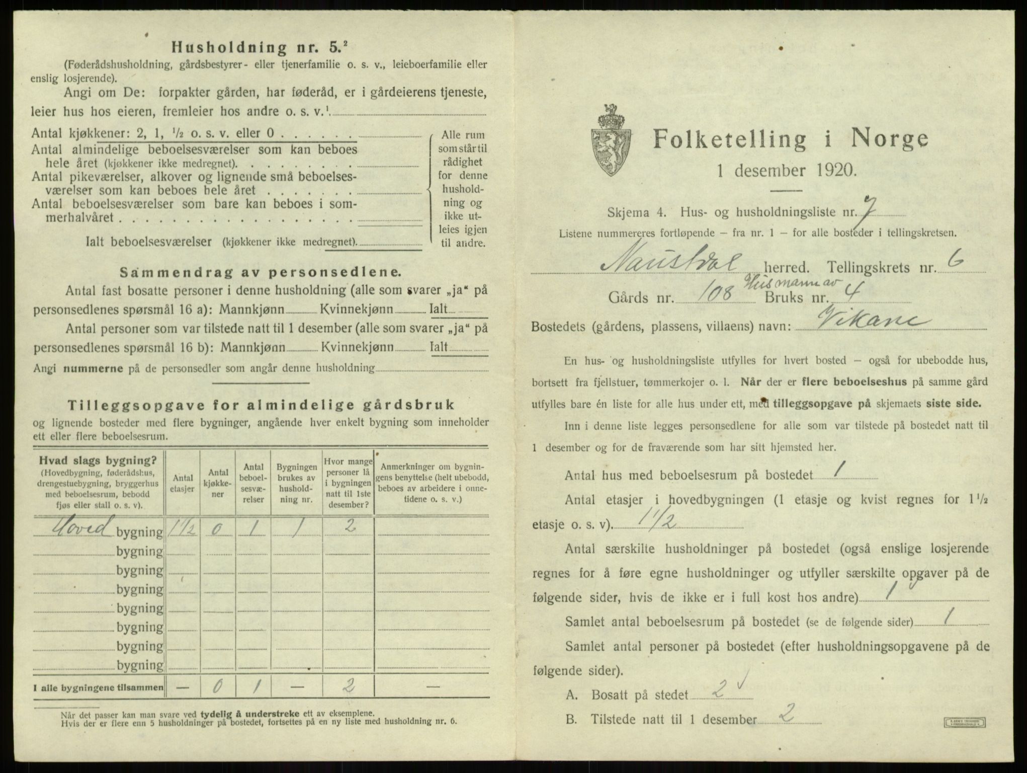 SAB, 1920 census for Naustdal, 1920, p. 524