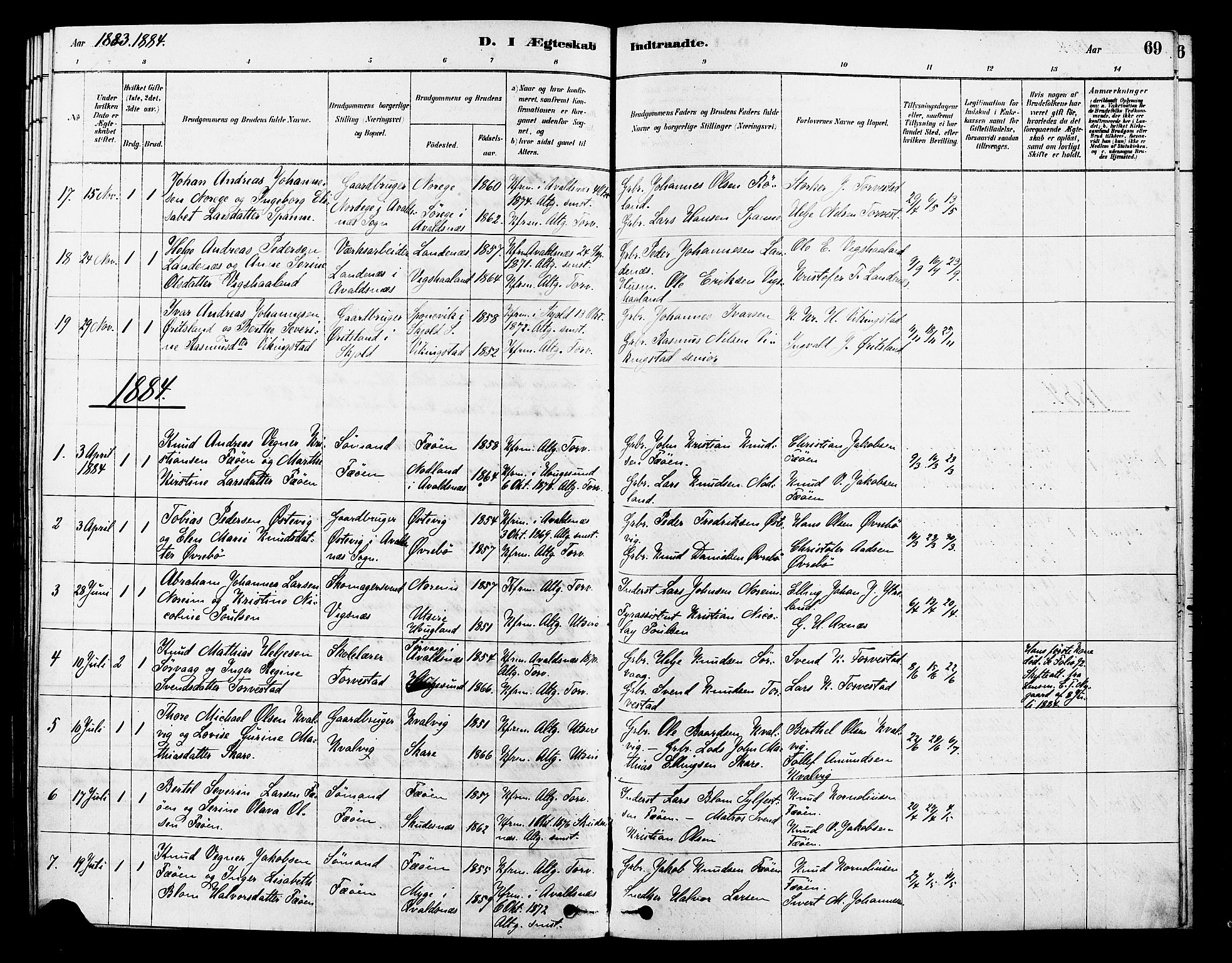 Torvastad sokneprestkontor, SAST/A -101857/H/Ha/Haa/L0014: Parish register (official) no. A 13, 1879-1888, p. 69